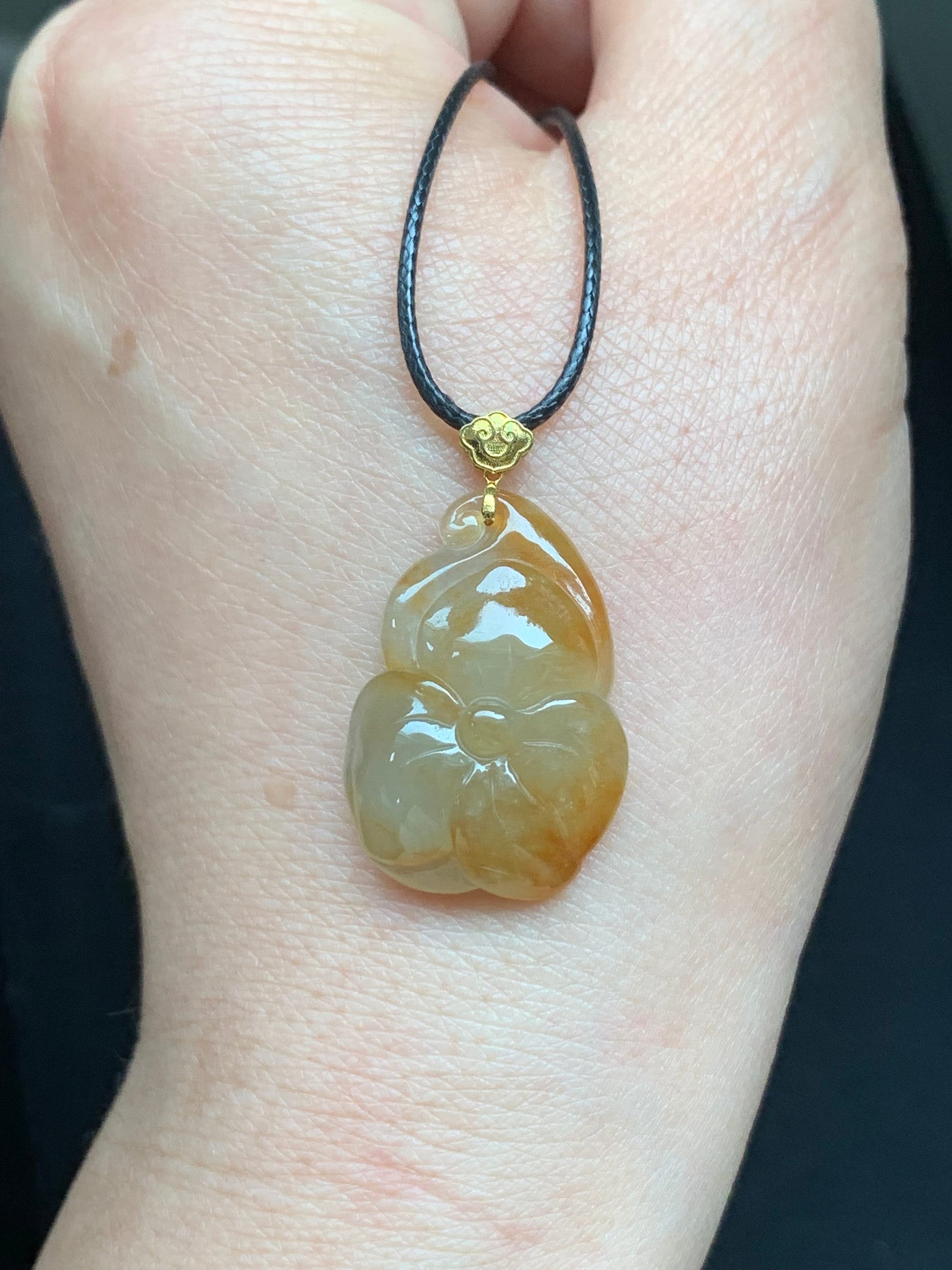 Natural Burmese A Graded Icy Translucent Rich Yellow Marbled Jadeite Carved Lily Pad Pendant 18K Yellow Gold Bail 天然缅甸冰黄翡荷叶镶嵌吊坠