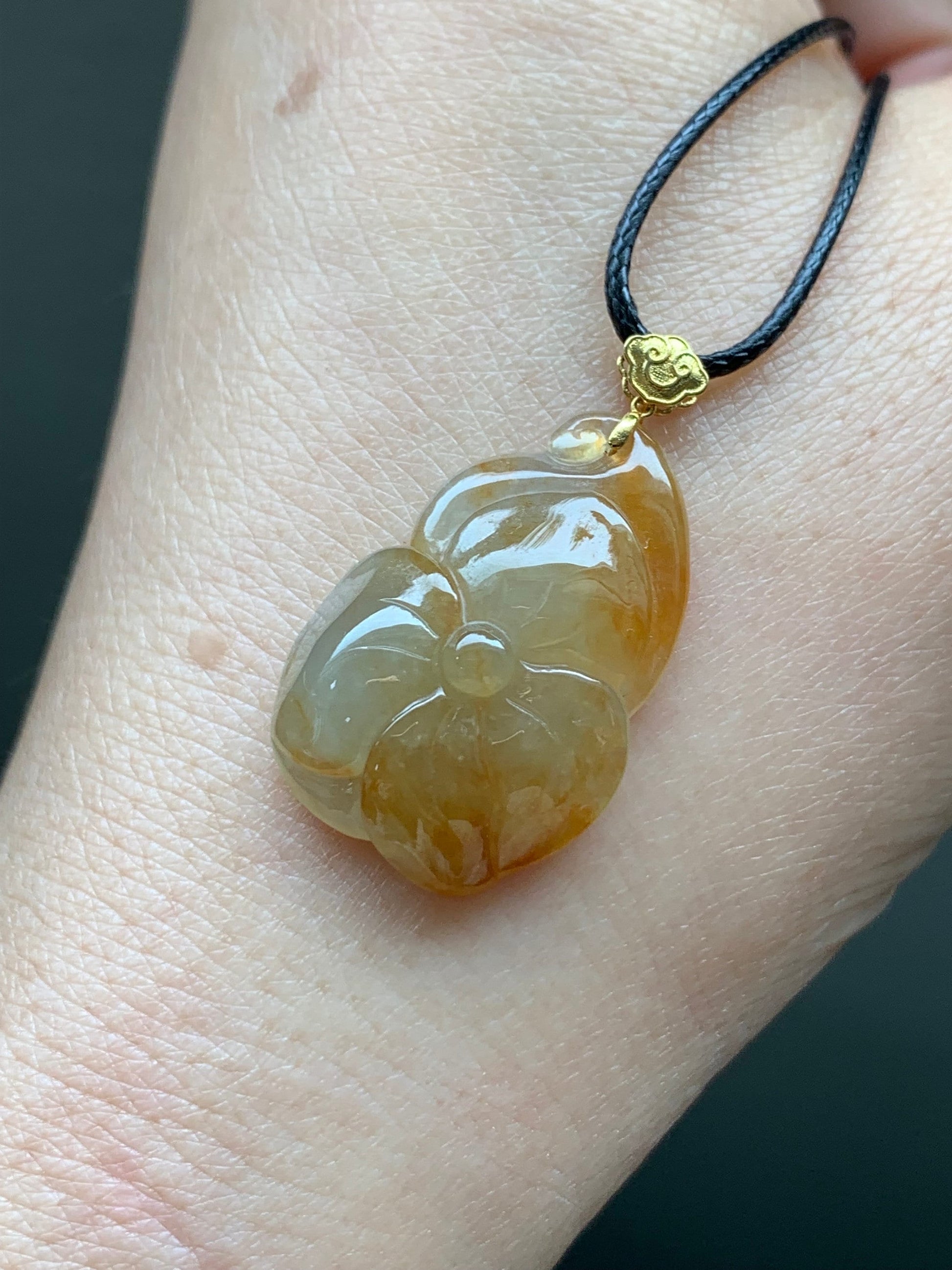 Natural Burmese A Graded Icy Translucent Rich Yellow Marbled Jadeite Carved Lily Pad Pendant 18K Yellow Gold Bail 天然缅甸冰黄翡荷叶镶嵌吊坠