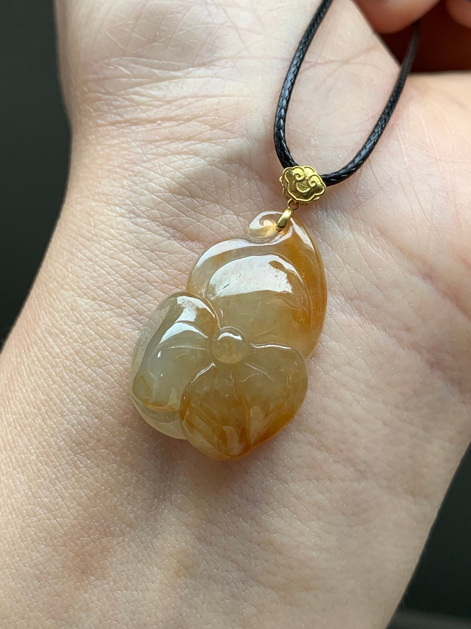 Natural Burmese A Graded Icy Translucent Rich Yellow Marbled Jadeite Carved Lily Pad Pendant 18K Yellow Gold Bail 天然缅甸冰黄翡荷叶镶嵌吊坠