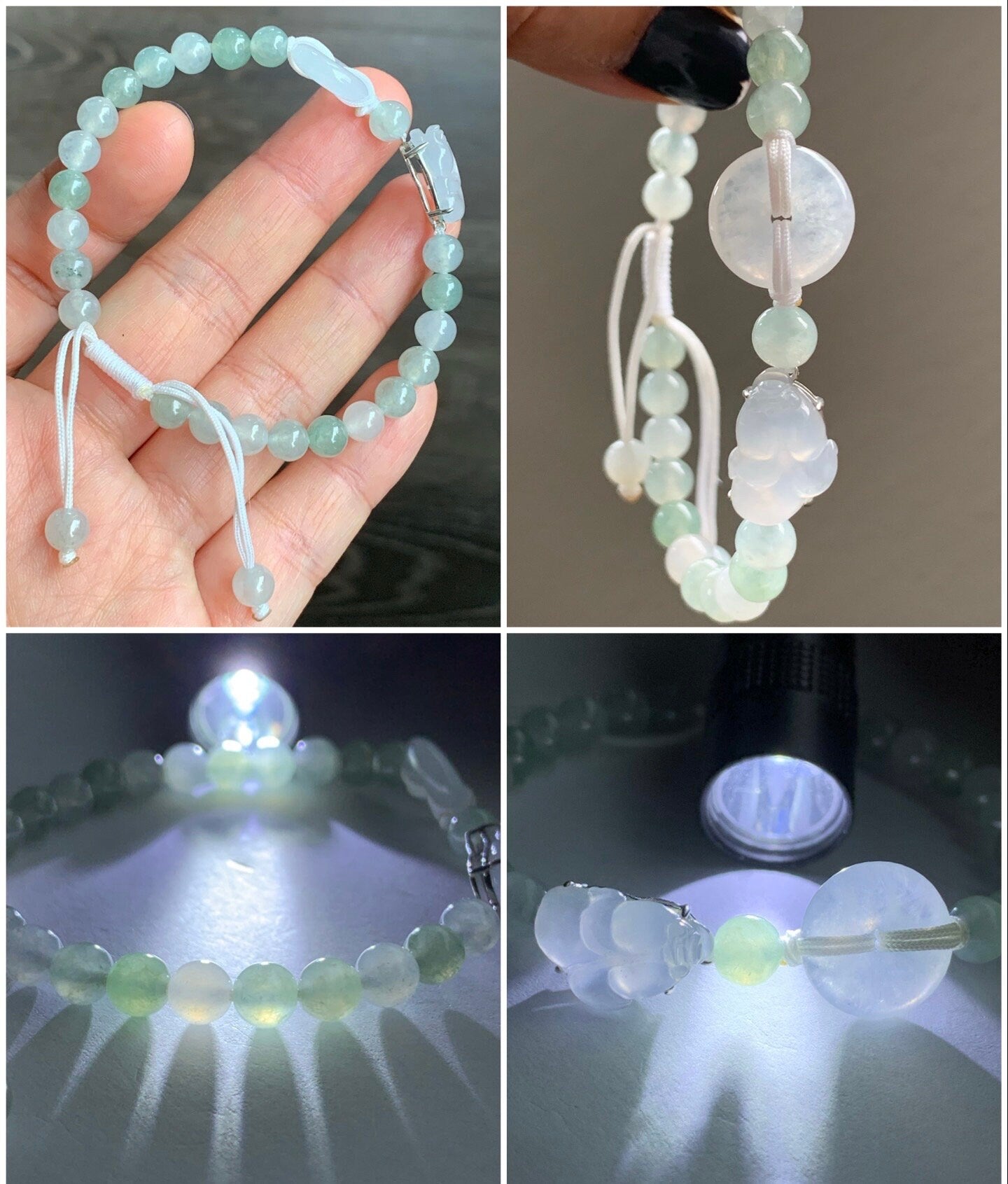 Natural Burmese Icy Translucent White jadeite Goldfish & Donut Ping An Kou Beaded Bracelet 6.75” S925 Silver 天然缅甸白冰翡翠金鱼平安扣冰晴圆珠手串