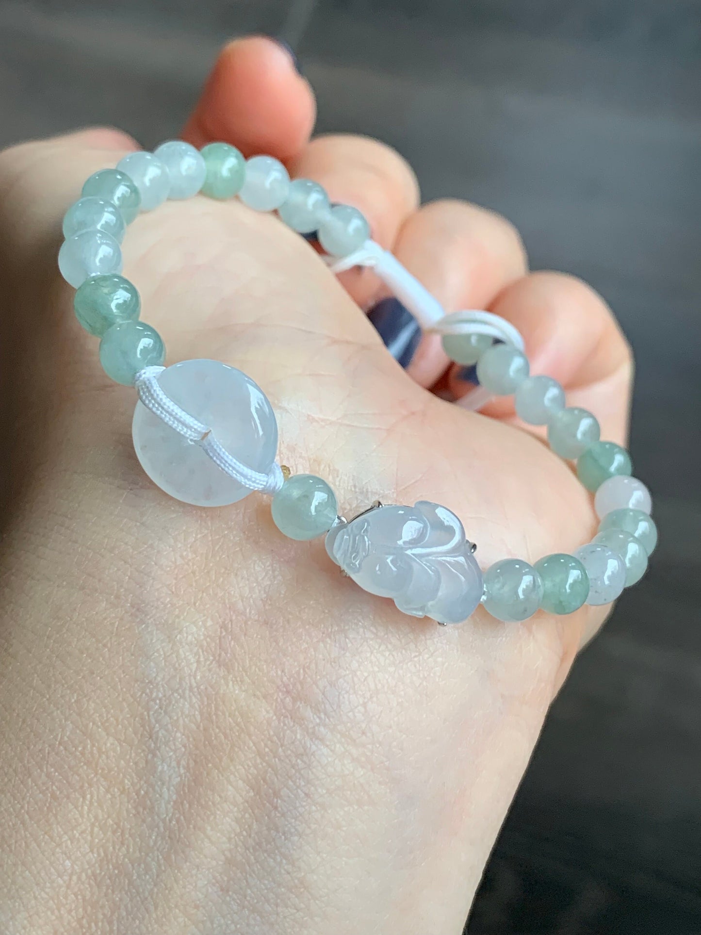 Natural Burmese Icy Translucent White jadeite Goldfish & Donut Ping An Kou Beaded Bracelet 6.75” S925 Silver 天然缅甸白冰翡翠金鱼平安扣冰晴圆珠手串