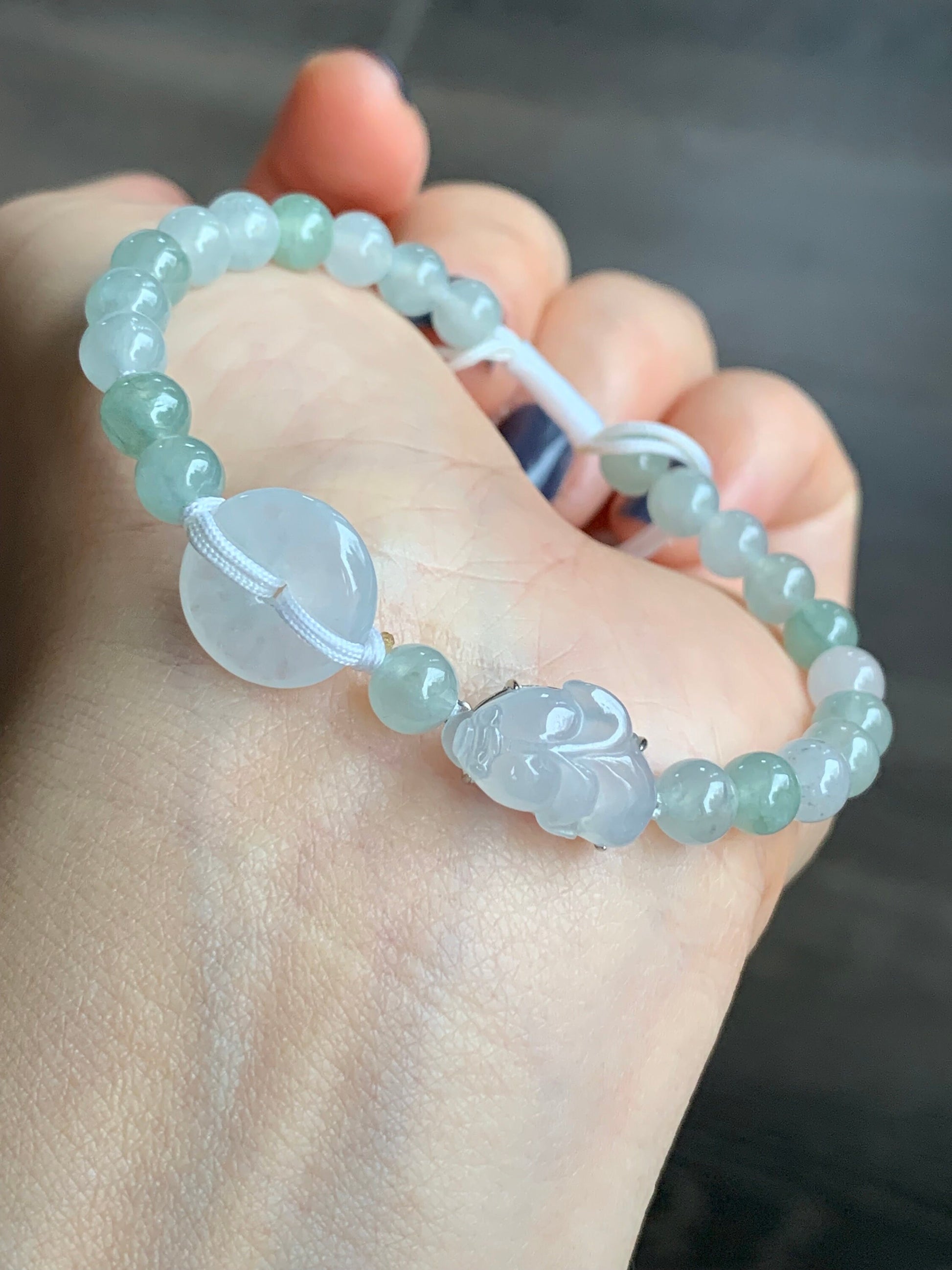 Natural Burmese Icy Translucent White jadeite Goldfish & Donut Ping An Kou Beaded Bracelet 6.75” S925 Silver 天然缅甸白冰翡翠金鱼平安扣冰晴圆珠手串
