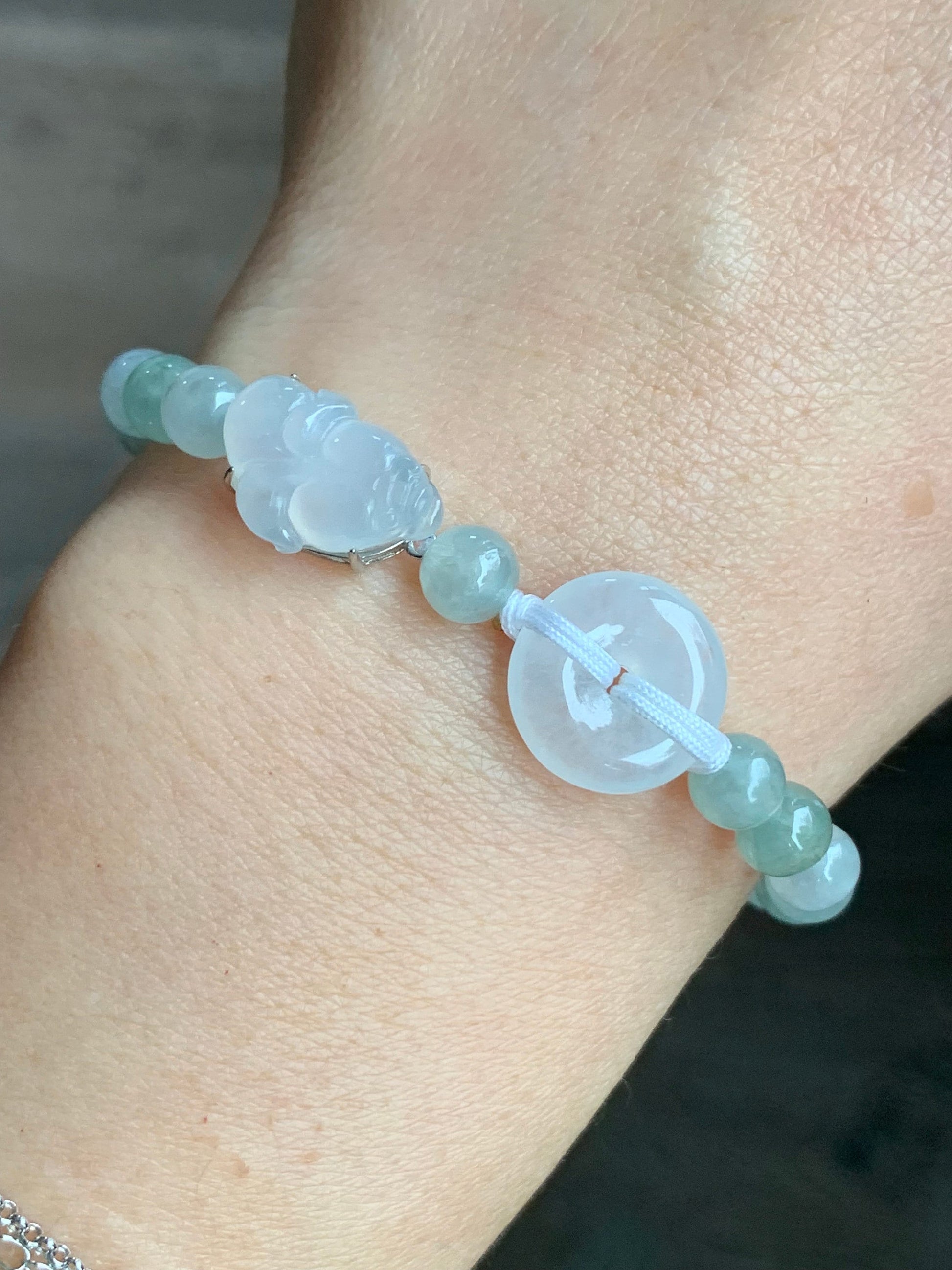 Natural Burmese Icy Translucent White jadeite Goldfish & Donut Ping An Kou Beaded Bracelet 6.75” S925 Silver 天然缅甸白冰翡翠金鱼平安扣冰晴圆珠手串