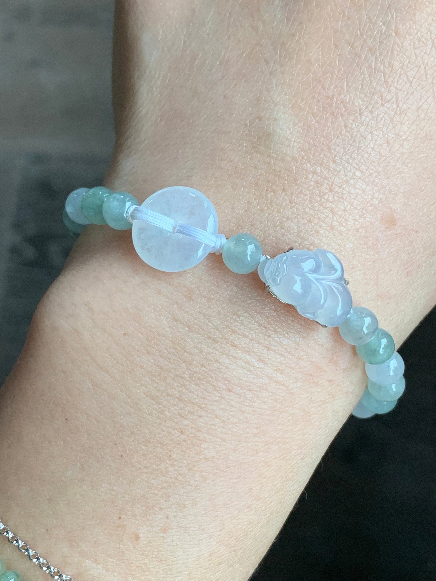 Natural Burmese Icy Translucent White jadeite Goldfish & Donut Ping An Kou Beaded Bracelet 6.75” S925 Silver 天然缅甸白冰翡翠金鱼平安扣冰晴圆珠手串