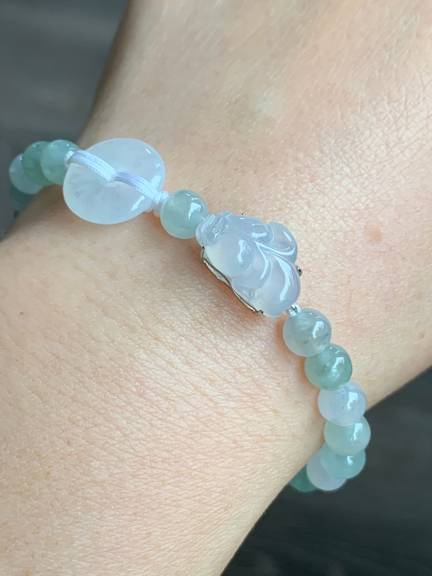 Natural Burmese Icy Translucent White jadeite Goldfish & Donut Ping An Kou Beaded Bracelet 6.75” S925 Silver 天然缅甸白冰翡翠金鱼平安扣冰晴圆珠手串