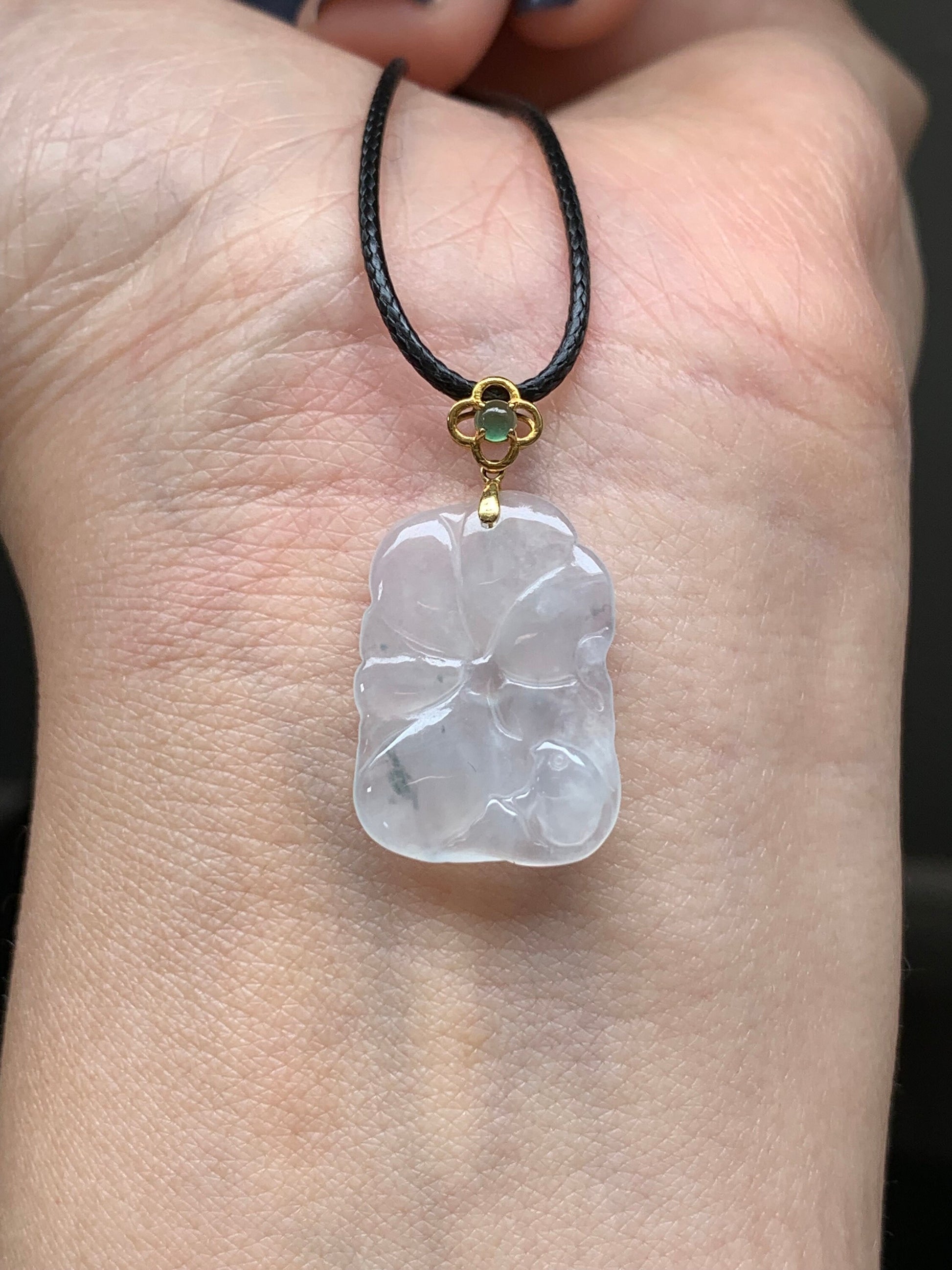 Natural Burmese Icy Translucent Gelatinous Icy White Jadeite Carved Lily Pad & Fish Pendant 18K Yellow Gold Bail 天然缅甸冰胶白冰翡翠荷叶鱼吊坠
