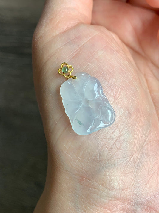 Natural Burmese Icy Translucent Gelatinous Icy White Jadeite Carved Lily Pad & Fish Pendant 18K Yellow Gold Bail 天然缅甸冰胶白冰翡翠荷叶鱼吊坠