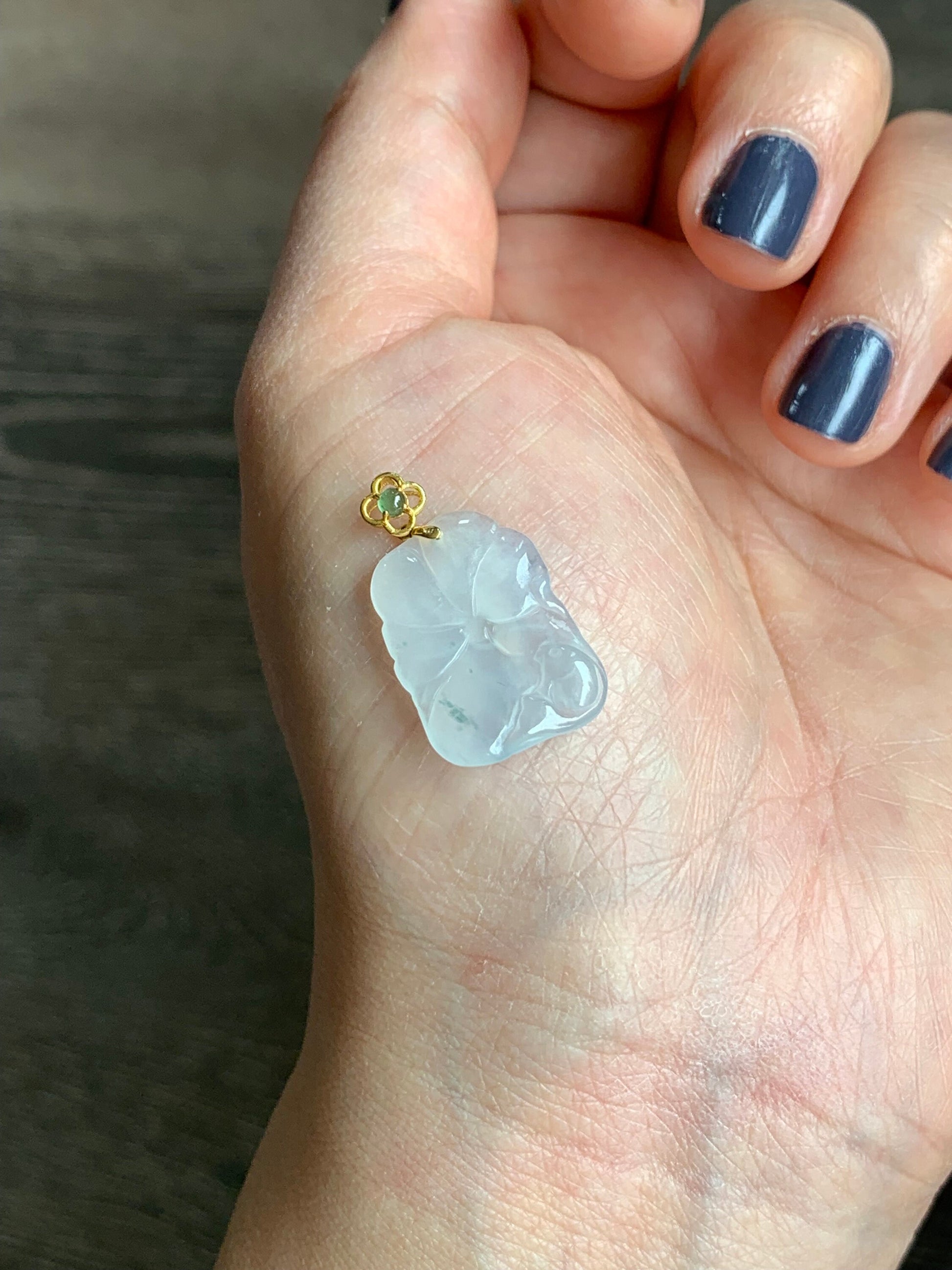 Natural Burmese Icy Translucent Gelatinous Icy White Jadeite Carved Lily Pad & Fish Pendant 18K Yellow Gold Bail 天然缅甸冰胶白冰翡翠荷叶鱼吊坠