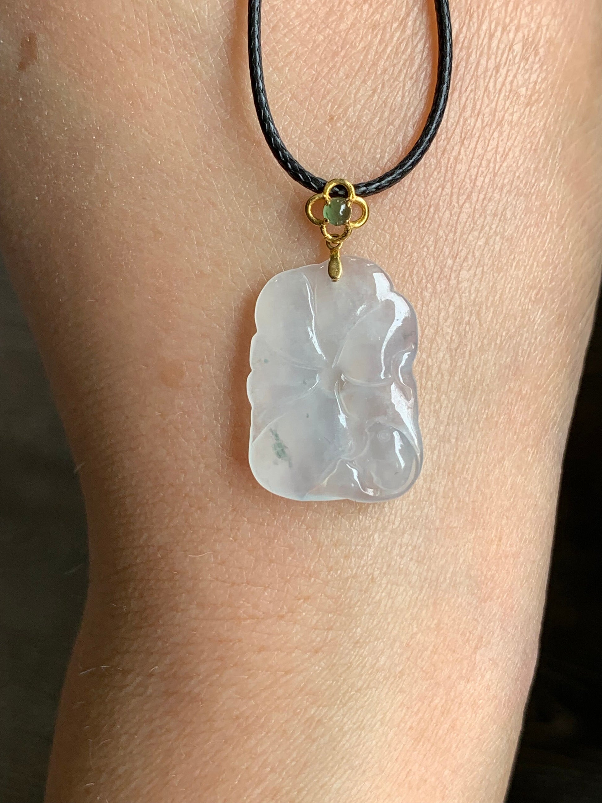 Natural Burmese Icy Translucent Gelatinous Icy White Jadeite Carved Lily Pad & Fish Pendant 18K Yellow Gold Bail 天然缅甸冰胶白冰翡翠荷叶鱼吊坠