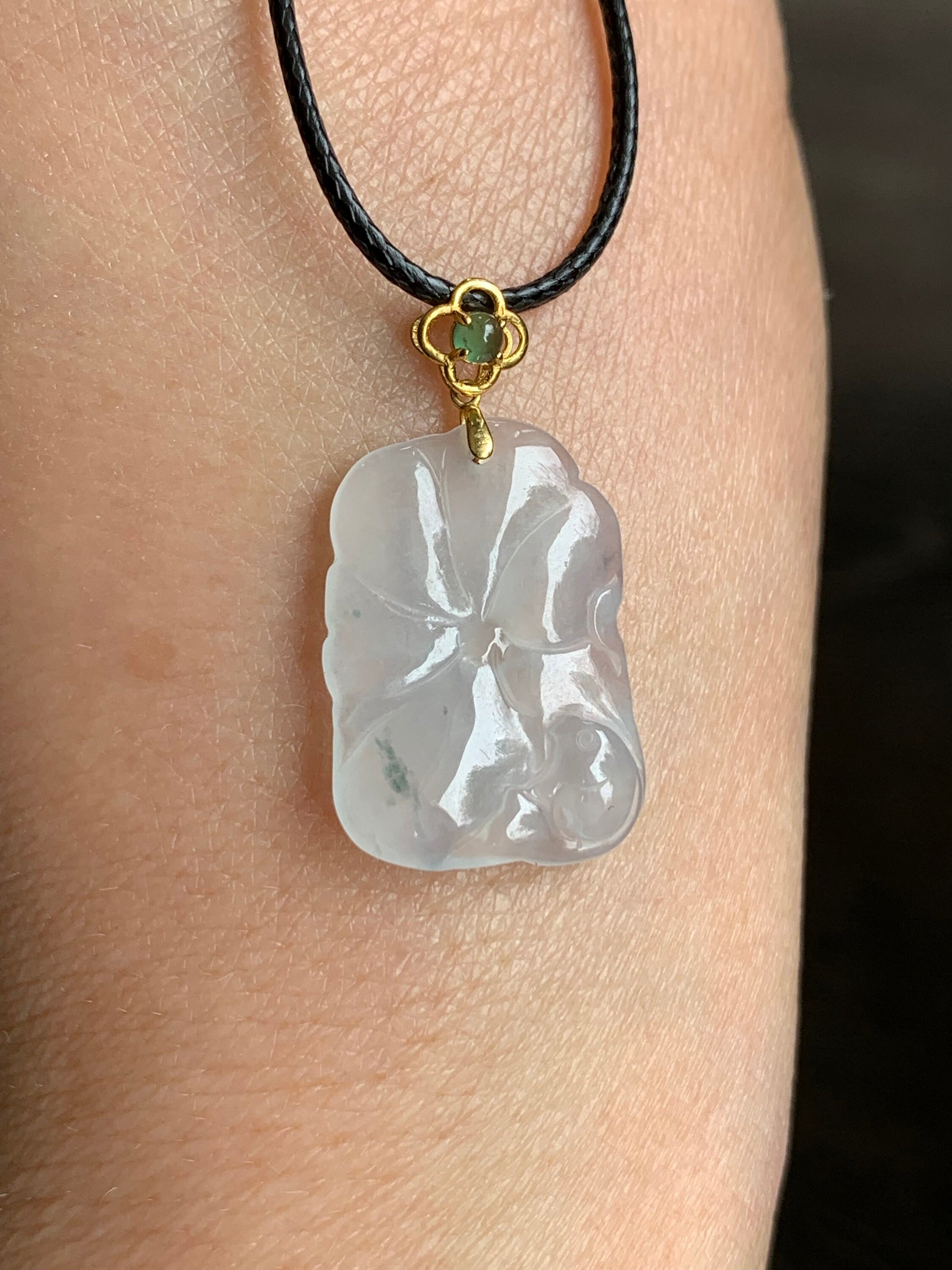 Natural Burmese Icy Translucent Gelatinous Icy White Jadeite Carved Lily Pad & Fish Pendant 18K Yellow Gold Bail 天然缅甸冰胶白冰翡翠荷叶鱼吊坠