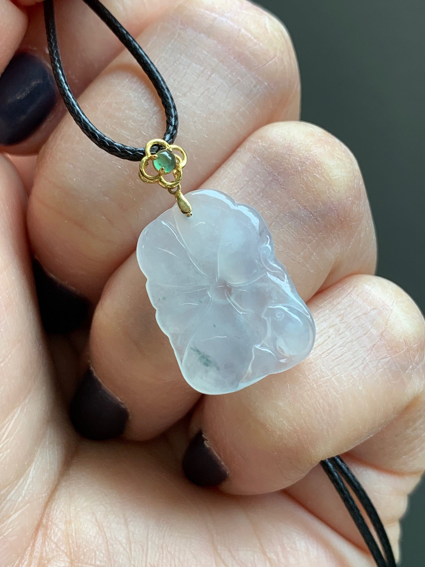 Natural Burmese Icy Translucent Gelatinous Icy White Jadeite Carved Lily Pad & Fish Pendant 18K Yellow Gold Bail 天然缅甸冰胶白冰翡翠荷叶鱼吊坠