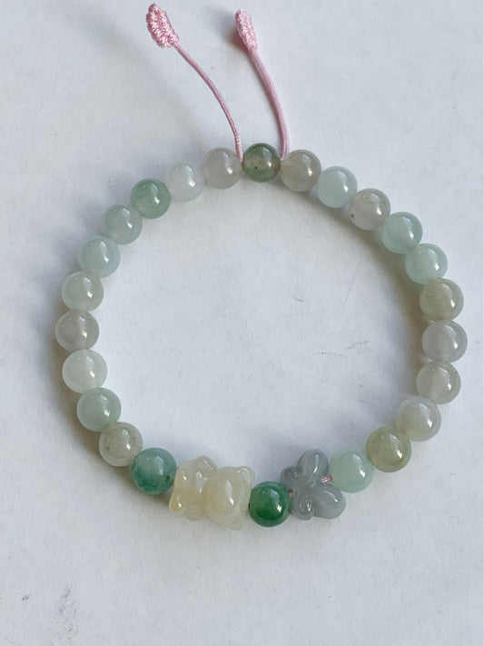 Natural Burmese Icy Translucent Gelatinous Multicolored Jadeite Beads Teddy Bear & Butterfly Beaded Bracelet 6.75” 天然缅甸冰胶多宝翡翠小熊和蝴蝶圆珠手串