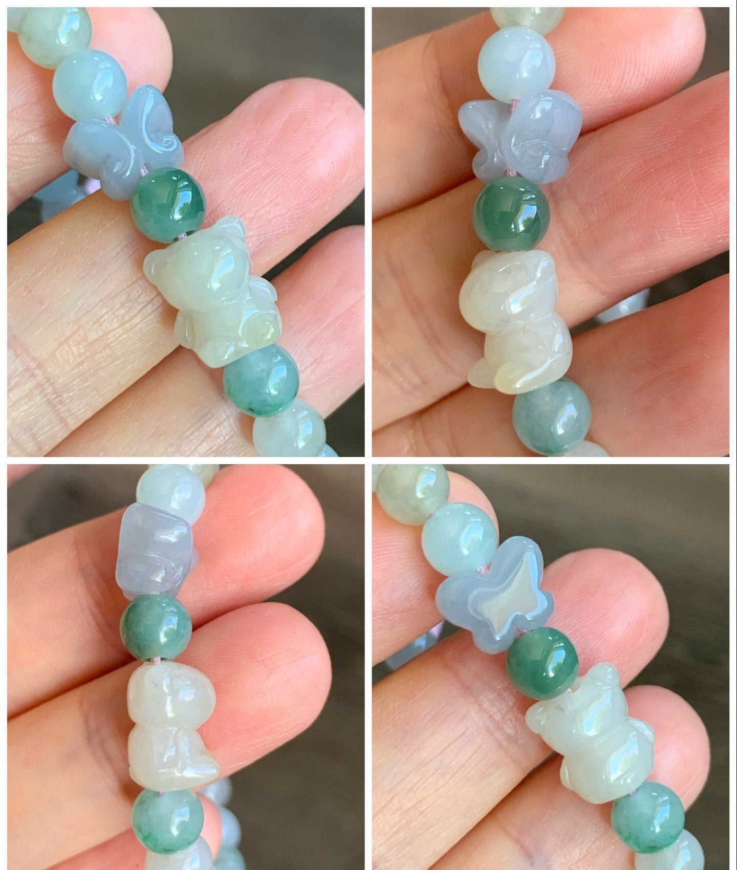 Natural Burmese Icy Translucent Gelatinous Multicolored Jadeite Beads Teddy Bear & Butterfly Beaded Bracelet 6.75” 天然缅甸冰胶多宝翡翠小熊和蝴蝶圆珠手串