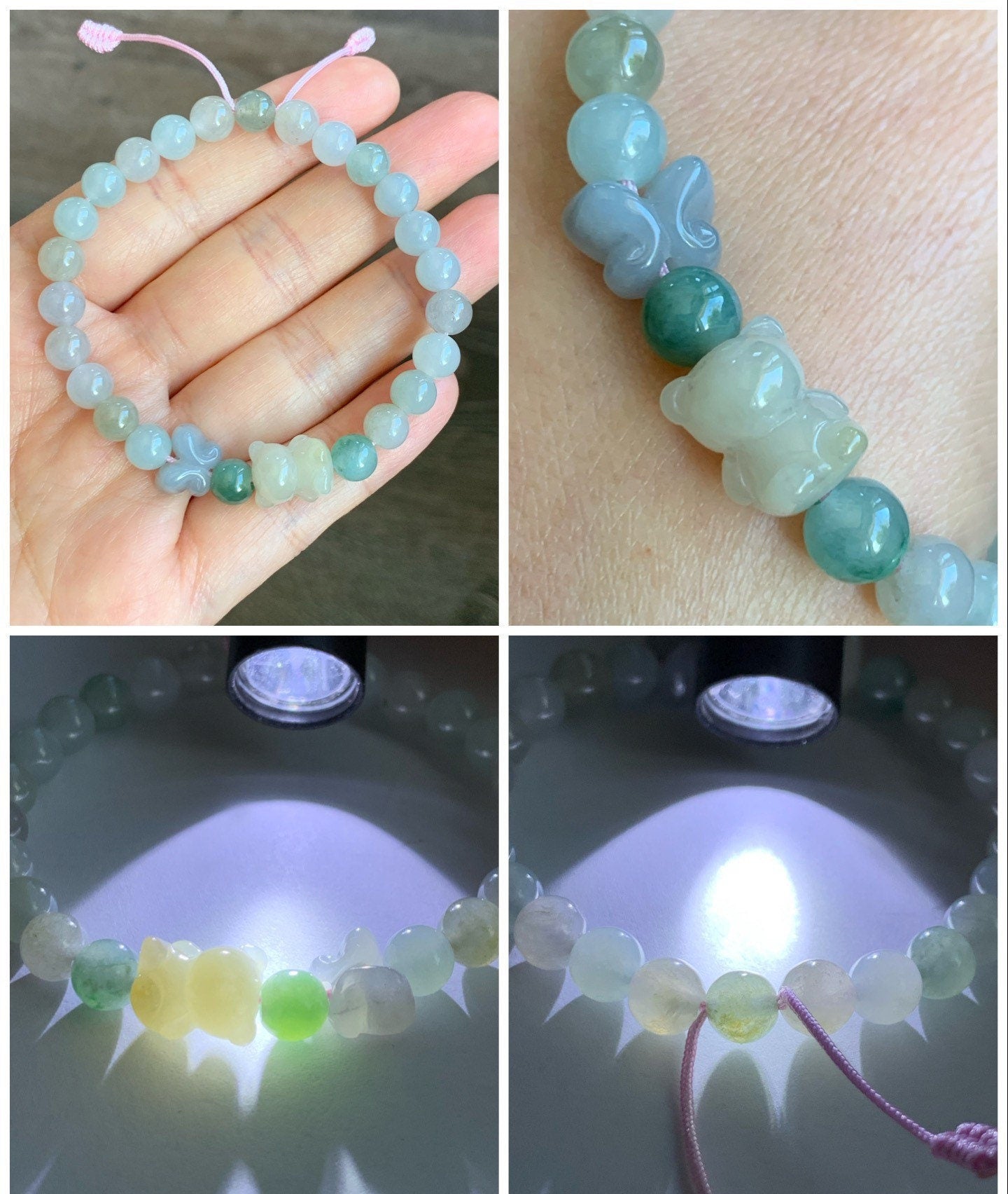 Natural Burmese Icy Translucent Gelatinous Multicolored Jadeite Beads Teddy Bear & Butterfly Beaded Bracelet 6.75” 天然缅甸冰胶多宝翡翠小熊和蝴蝶圆珠手串