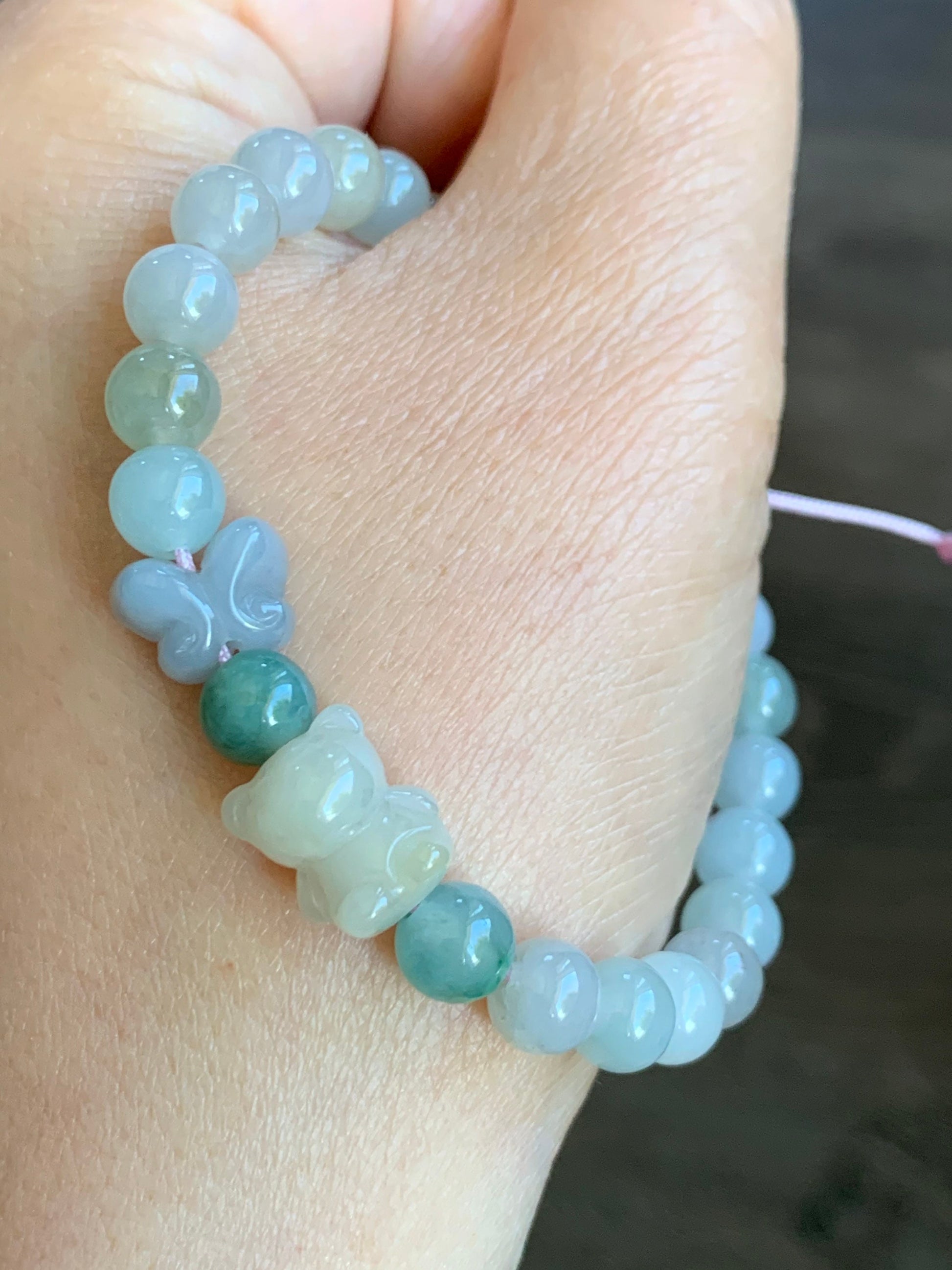 Natural Burmese Icy Translucent Gelatinous Multicolored Jadeite Beads Teddy Bear & Butterfly Beaded Bracelet 6.75” 天然缅甸冰胶多宝翡翠小熊和蝴蝶圆珠手串