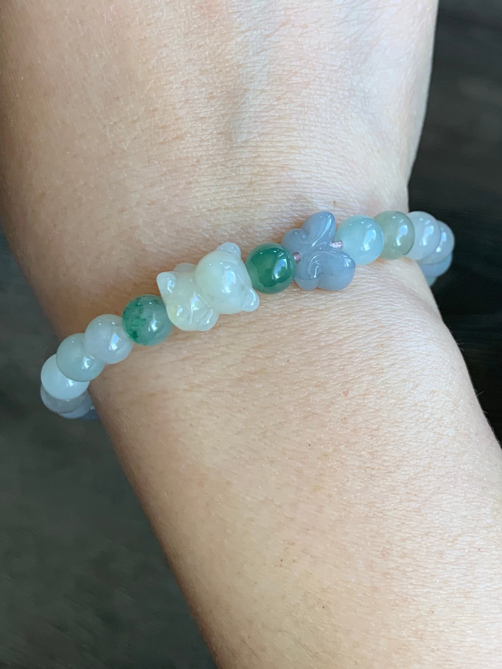 Natural Burmese Icy Translucent Gelatinous Multicolored Jadeite Beads Teddy Bear & Butterfly Beaded Bracelet 6.75” 天然缅甸冰胶多宝翡翠小熊和蝴蝶圆珠手串