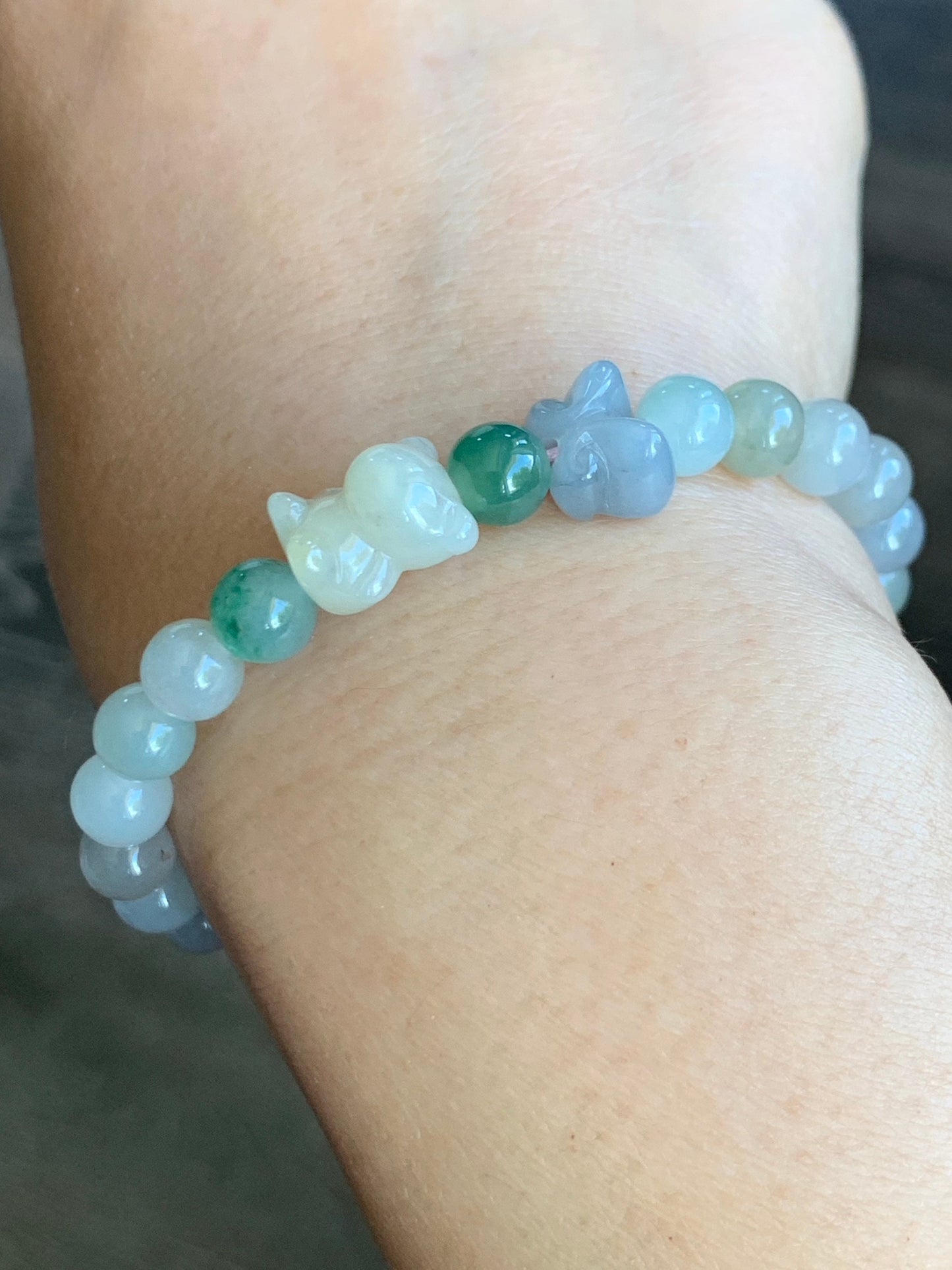 Natural Burmese Icy Translucent Gelatinous Multicolored Jadeite Beads Teddy Bear & Butterfly Beaded Bracelet 6.75” 天然缅甸冰胶多宝翡翠小熊和蝴蝶圆珠手串