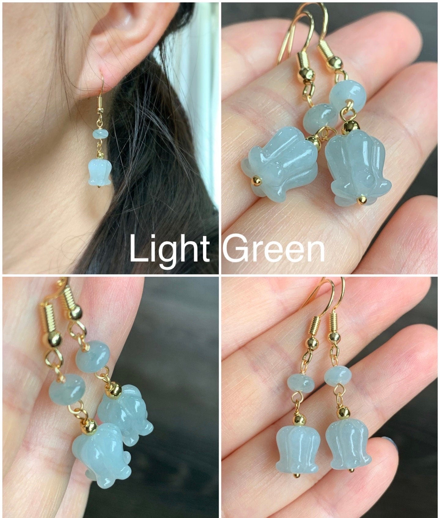 Natural Burmese Icy Translucent Gelatinous Jadeite Carved Magnolia Flower Dangle Earrings 14K Gold Plated 天然缅甸冰胶翡翠玉兰花包金耳钩