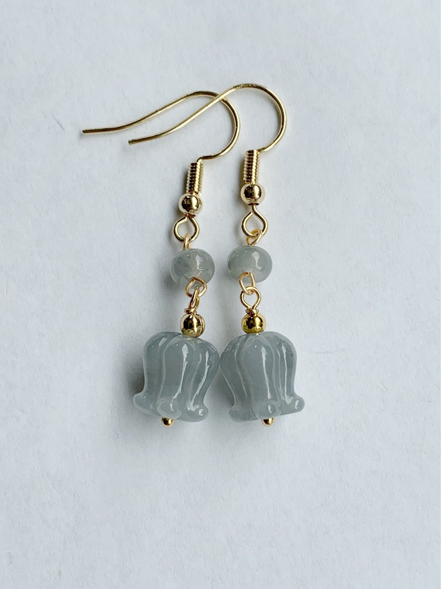Natural Burmese Icy Translucent Gelatinous Jadeite Carved Magnolia Flower Dangle Earrings 14K Gold Plated 天然缅甸冰胶翡翠玉兰花包金耳钩