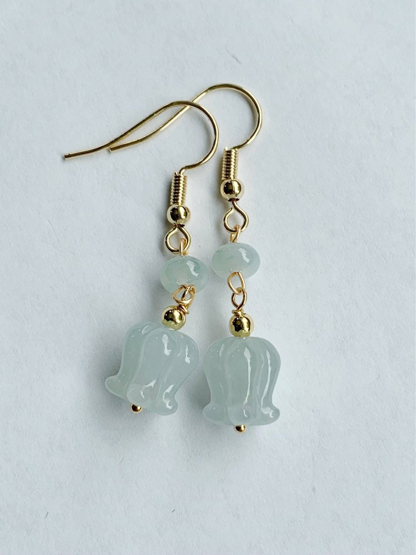Natural Burmese Icy Translucent Gelatinous Jadeite Carved Magnolia Flower Dangle Earrings 14K Gold Plated 天然缅甸冰胶翡翠玉兰花包金耳钩