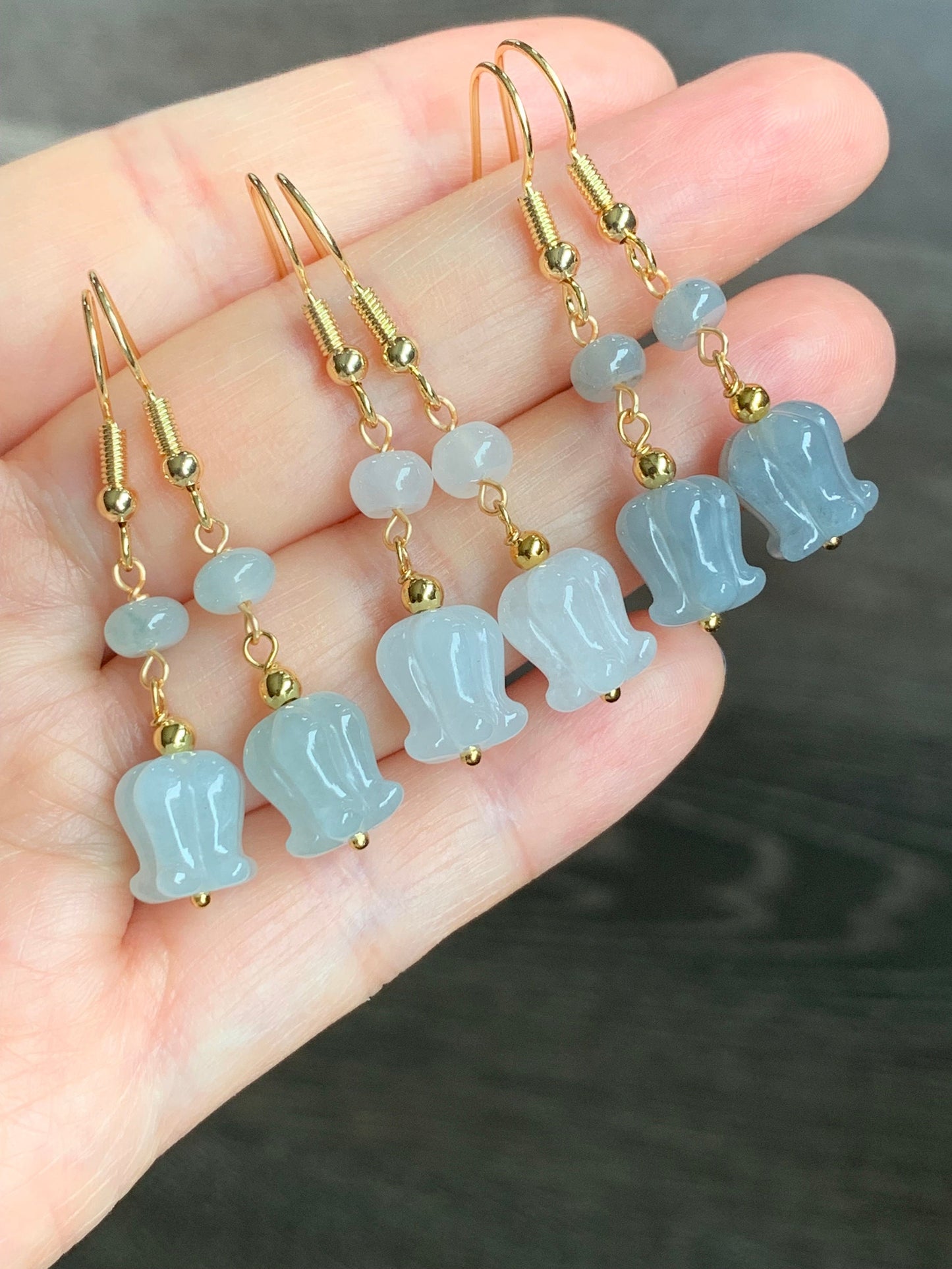 Natural Burmese Icy Translucent Gelatinous Jadeite Carved Magnolia Flower Dangle Earrings 14K Gold Plated 天然缅甸冰胶翡翠玉兰花包金耳钩
