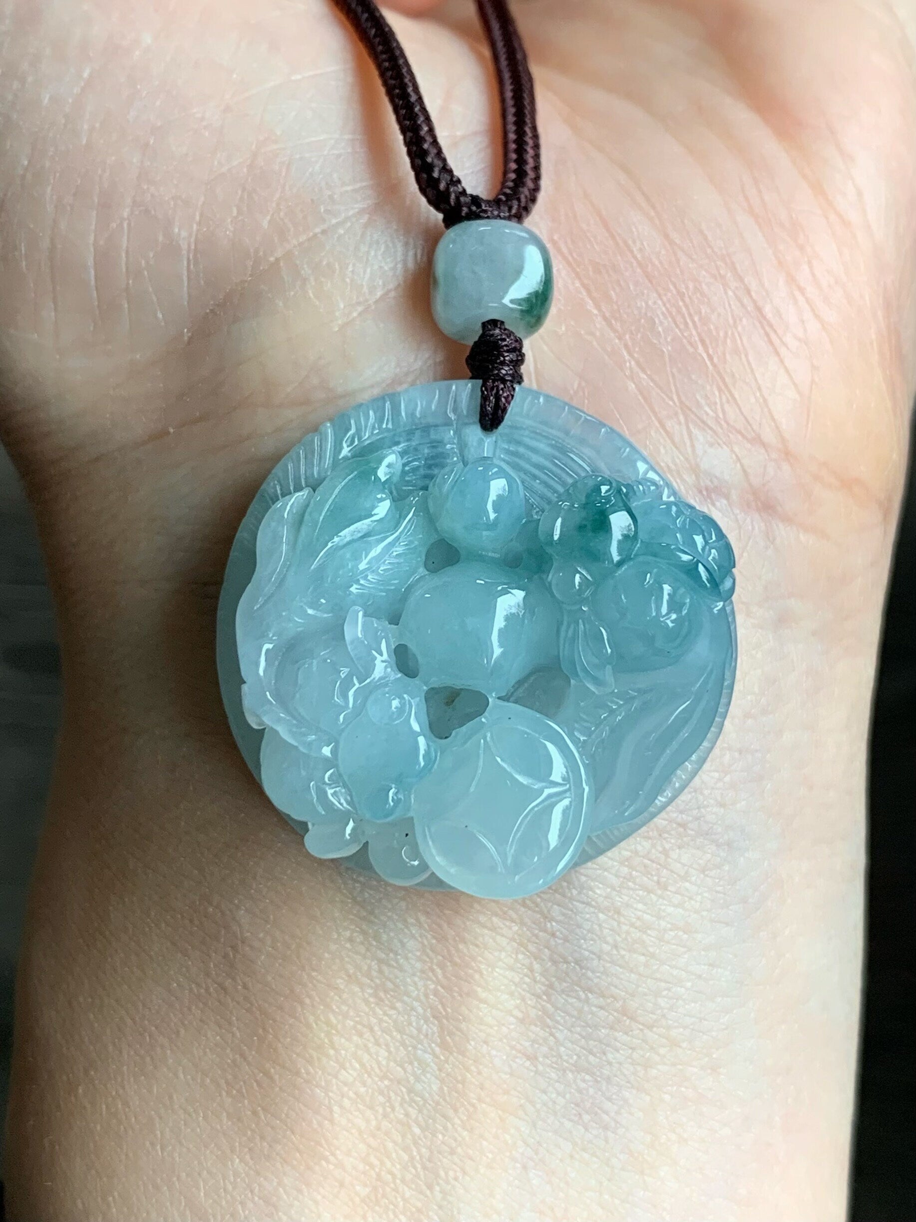 Large Natural Burmese Icy Translucent Sky Blue Jadeite w/ Green Marbling Carved Goldfish Pendant Rope Necklace 25” 19g 天然缅甸冰天空蓝飘花翡翠双鱼牌吊坠