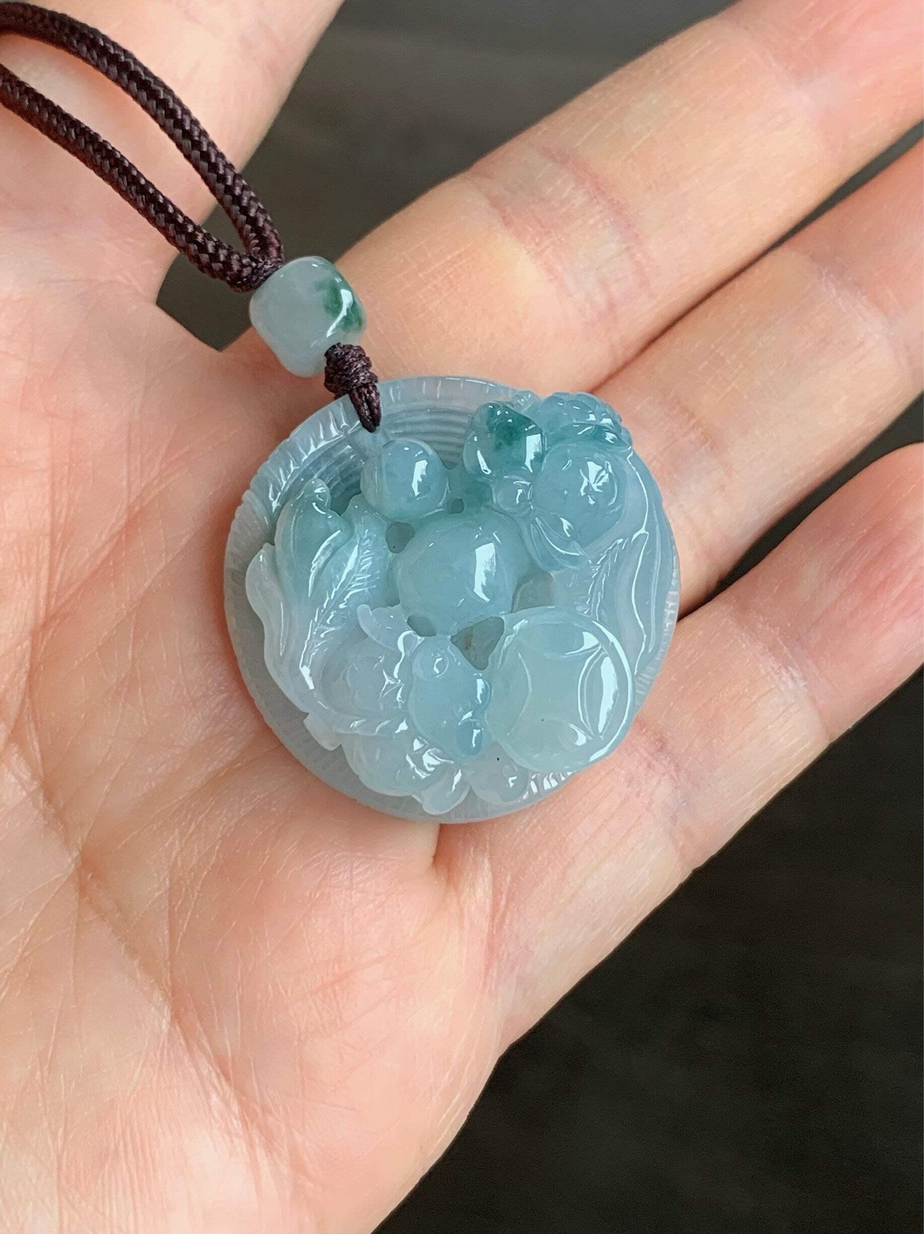Large Natural Burmese Icy Translucent Sky Blue Jadeite w/ Green Marbling Carved Goldfish Pendant Rope Necklace 25” 19g 天然缅甸冰天空蓝飘花翡翠双鱼牌吊坠