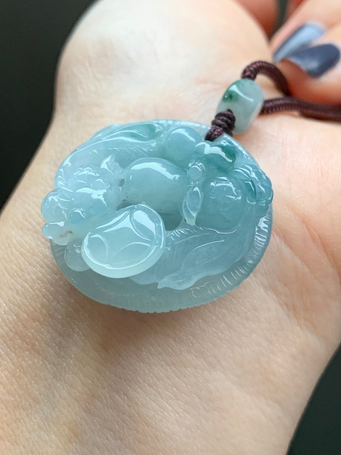 Large Natural Burmese Icy Translucent Sky Blue Jadeite w/ Green Marbling Carved Goldfish Pendant Rope Necklace 25” 19g 天然缅甸冰天空蓝飘花翡翠双鱼牌吊坠