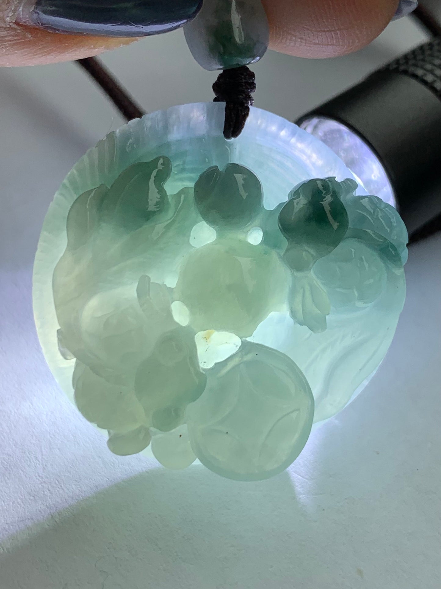 Large Natural Burmese Icy Translucent Sky Blue Jadeite w/ Green Marbling Carved Goldfish Pendant Rope Necklace 25” 19g 天然缅甸冰天空蓝飘花翡翠双鱼牌吊坠