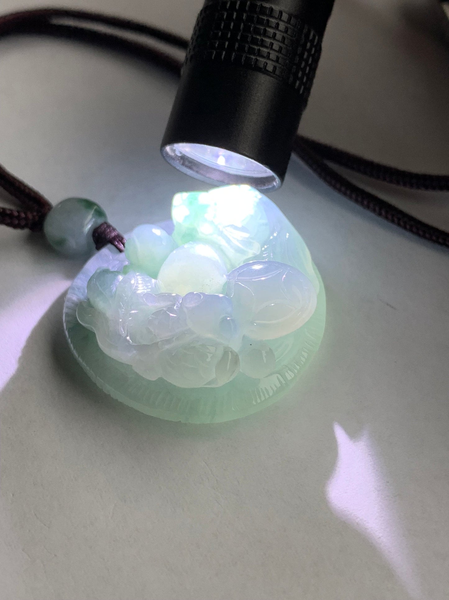 Large Natural Burmese Icy Translucent Sky Blue Jadeite w/ Green Marbling Carved Goldfish Pendant Rope Necklace 25” 19g 天然缅甸冰天空蓝飘花翡翠双鱼牌吊坠