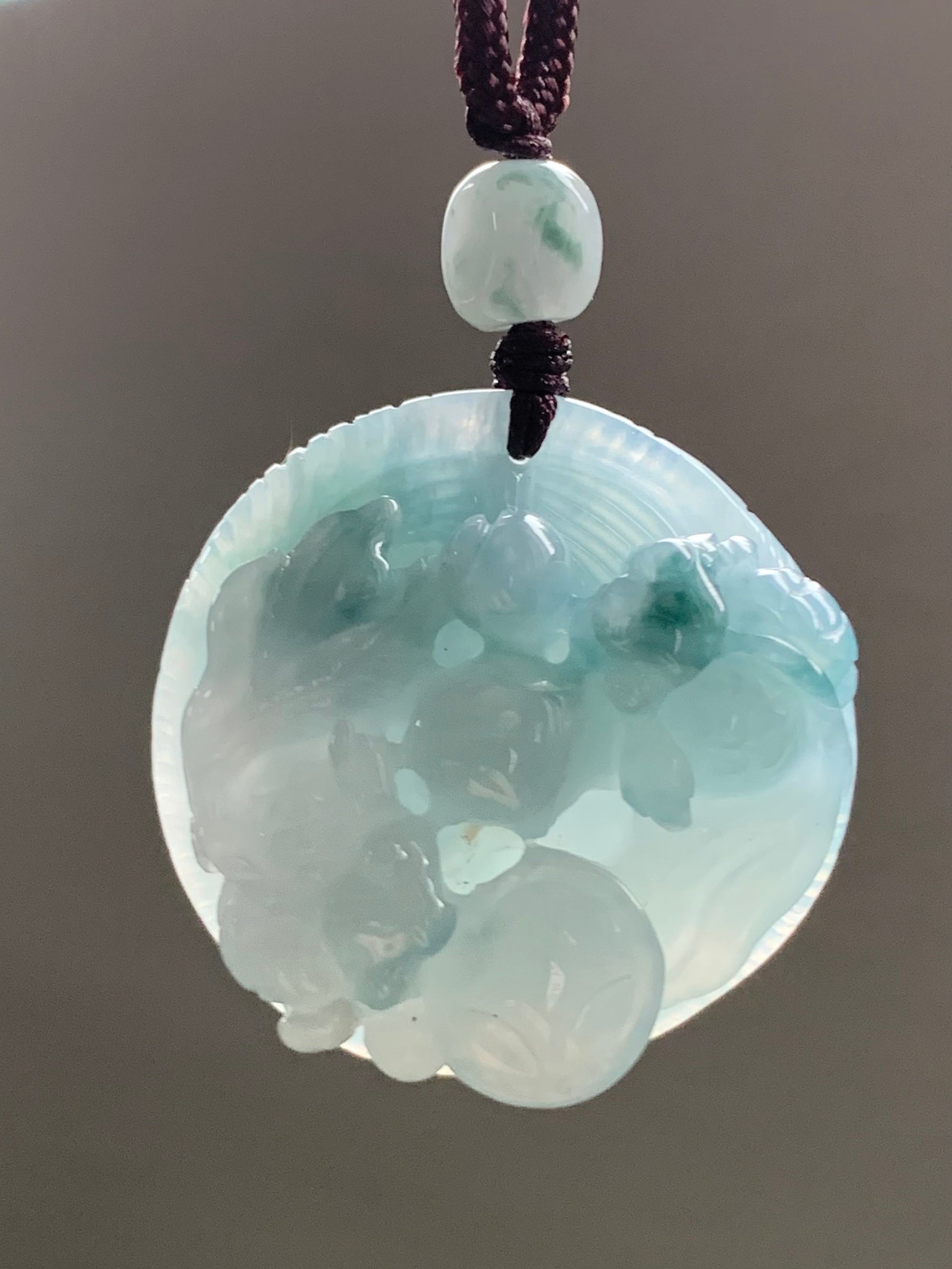 Large Natural Burmese Icy Translucent Sky Blue Jadeite w/ Green Marbling Carved Goldfish Pendant Rope Necklace 25” 19g 天然缅甸冰天空蓝飘花翡翠双鱼牌吊坠