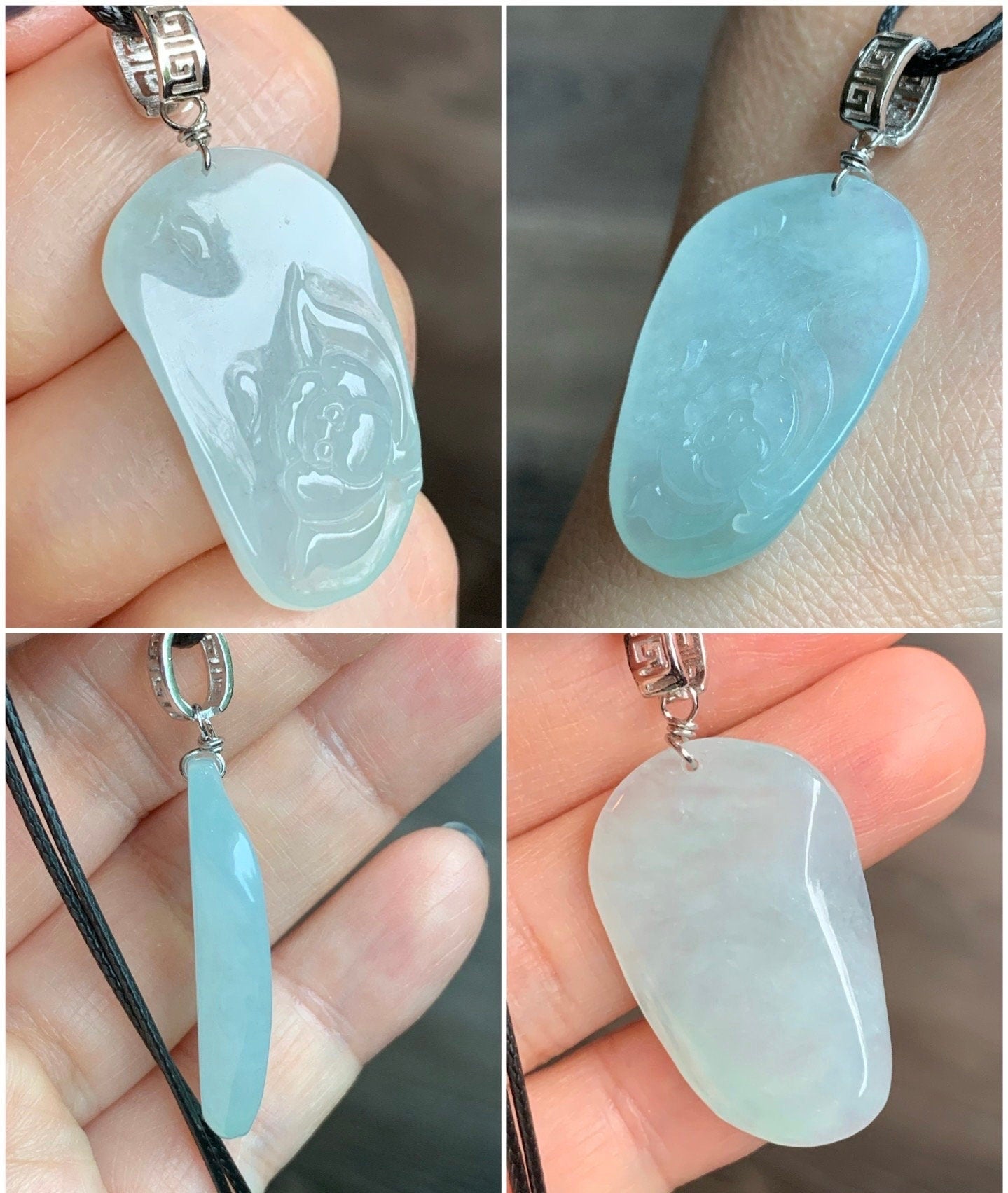 Natural Burmese Icy Translucent Gelatinous Light Green Jadeite Carved Lotus Flower Pendant S925 Silver Bail 天然缅甸冰晴翡莲花吊坠