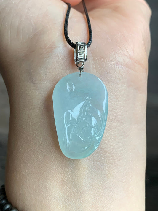 Natural Burmese Icy Translucent Gelatinous Light Green Jadeite Carved Lotus Flower Pendant S925 Silver Bail 天然缅甸冰晴翡莲花吊坠