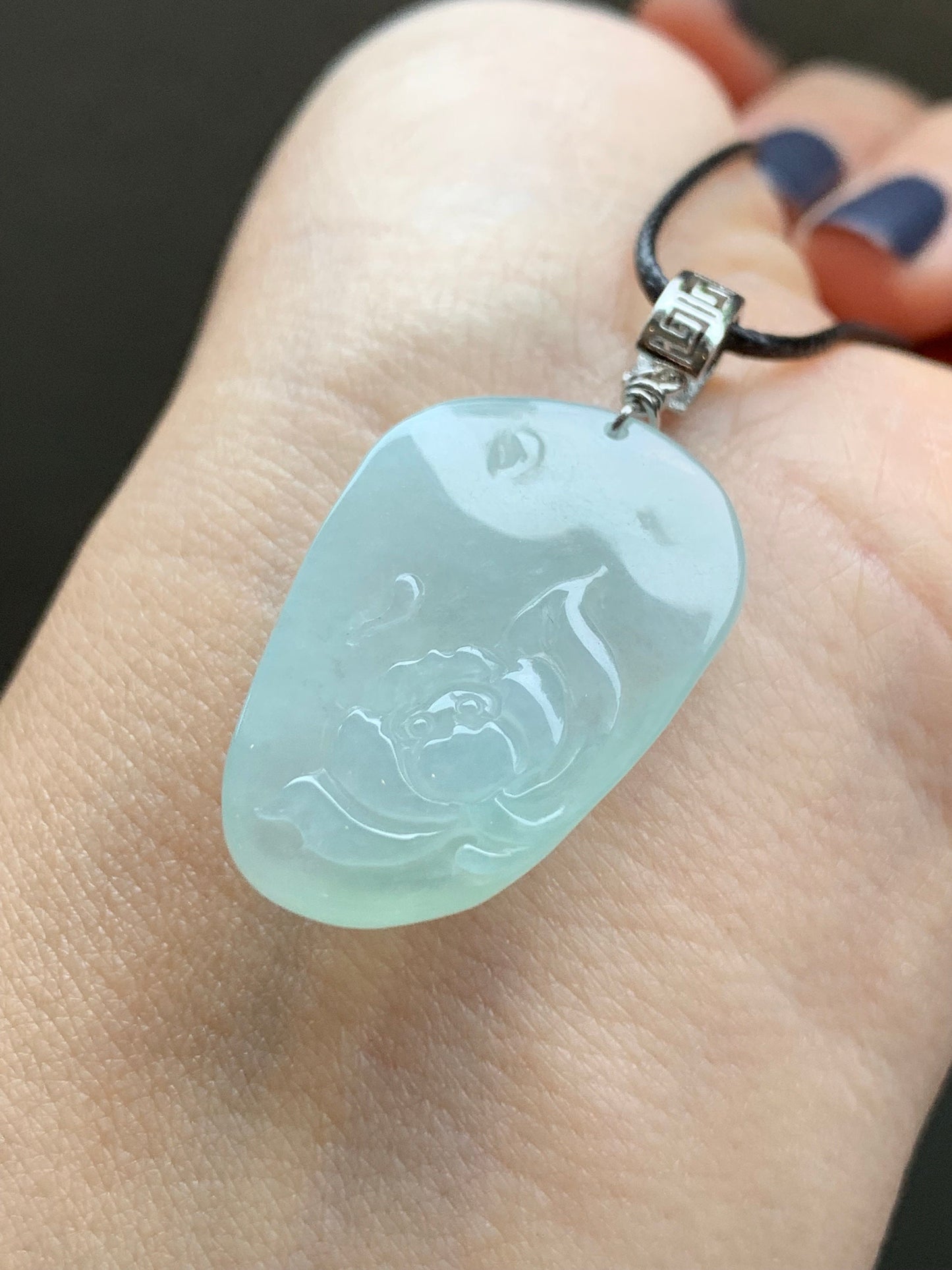Natural Burmese Icy Translucent Gelatinous Light Green Jadeite Carved Lotus Flower Pendant S925 Silver Bail 天然缅甸冰晴翡莲花吊坠