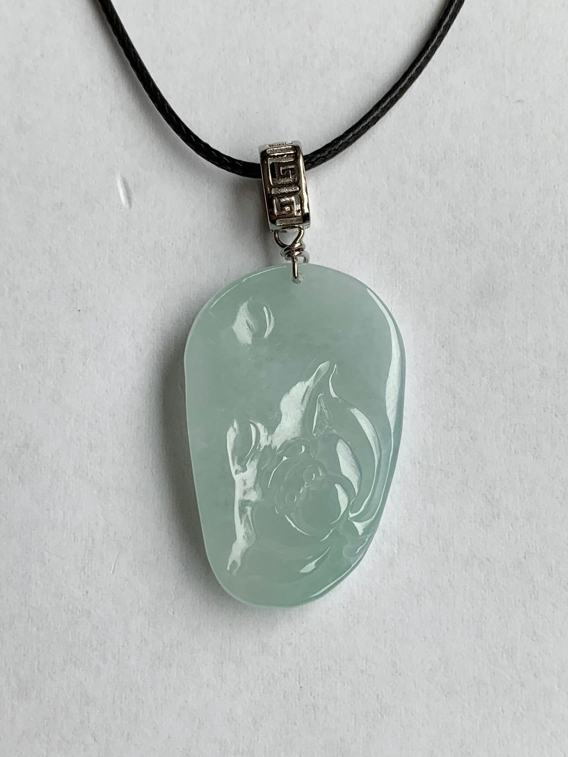 Natural Burmese Icy Translucent Gelatinous Light Green Jadeite Carved Lotus Flower Pendant S925 Silver Bail 天然缅甸冰晴翡莲花吊坠