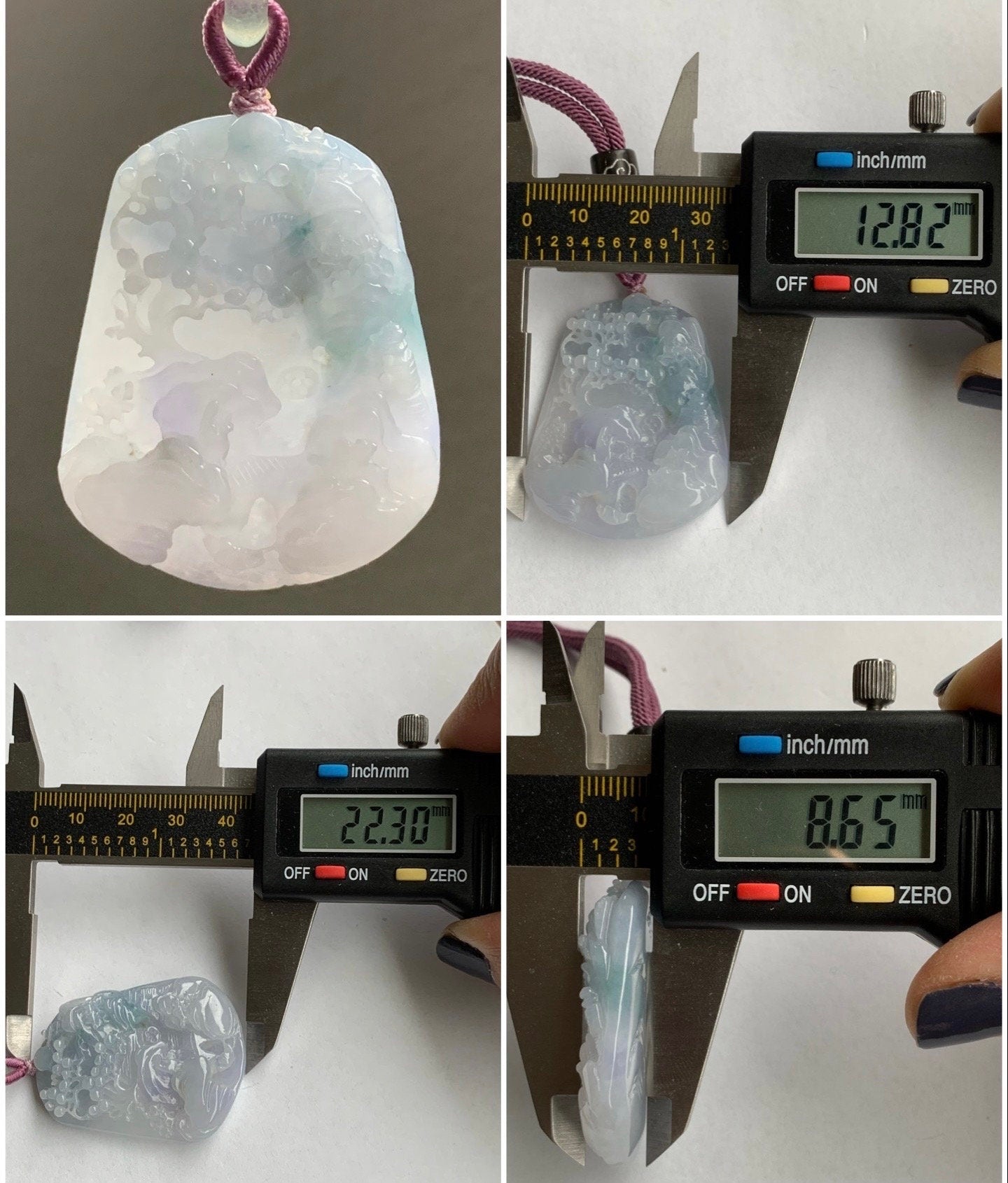 Large Natural Burmese Icy Highly Translucent Gelatinous Purplish Blue Jadeite Carved Shan Shui Pai Landscape Pendant 天然缅甸冰胶蓝紫飘花翡翠大山水牌吊坠