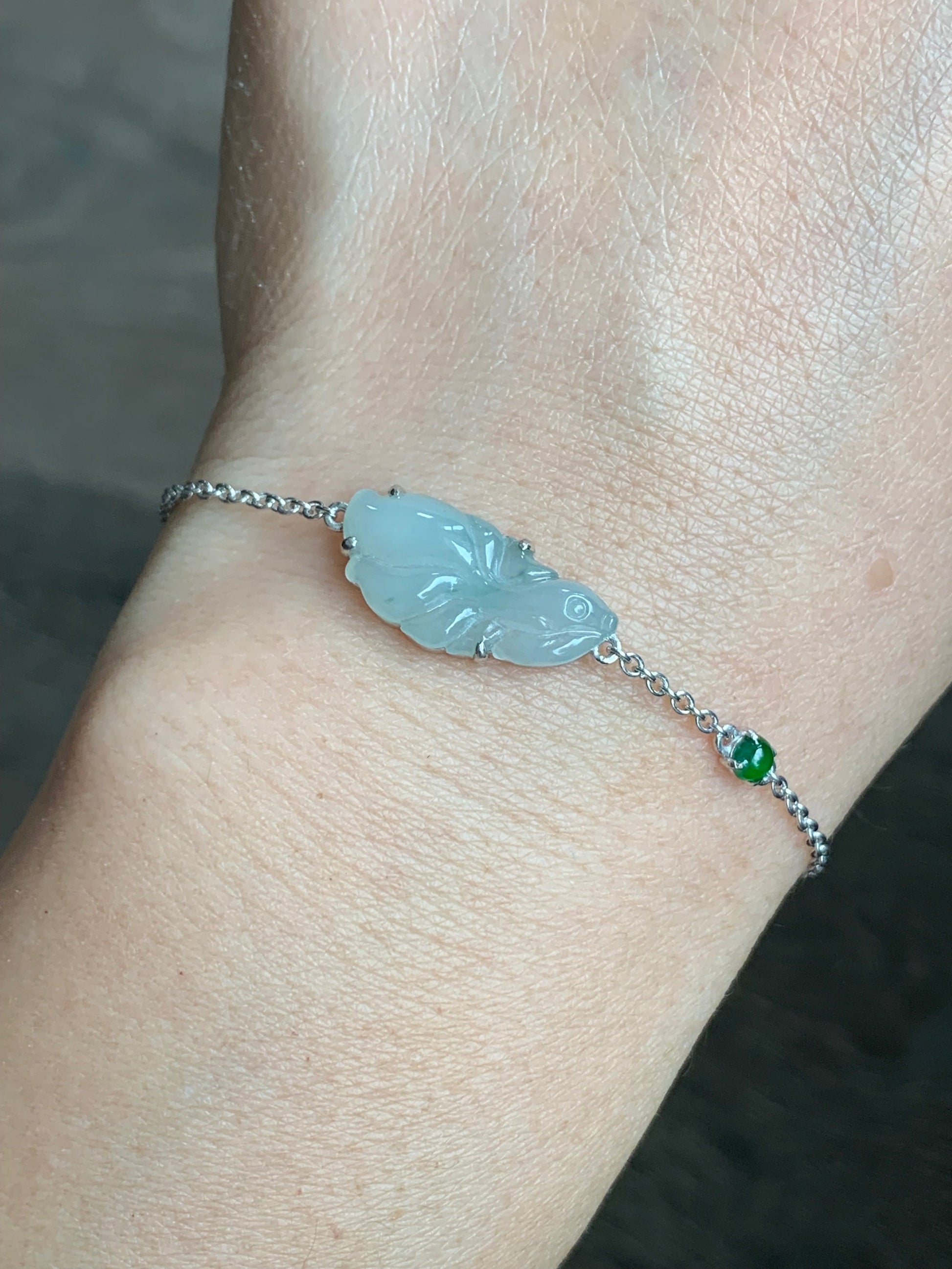 Certified Natural Burmese Icy Translucent Gelatinous White Jadeite Betta Fish Bracelet Sterling Silver Adjustable 天然缅甸冰胶翡翠葫泰国斗鱼银镶手链