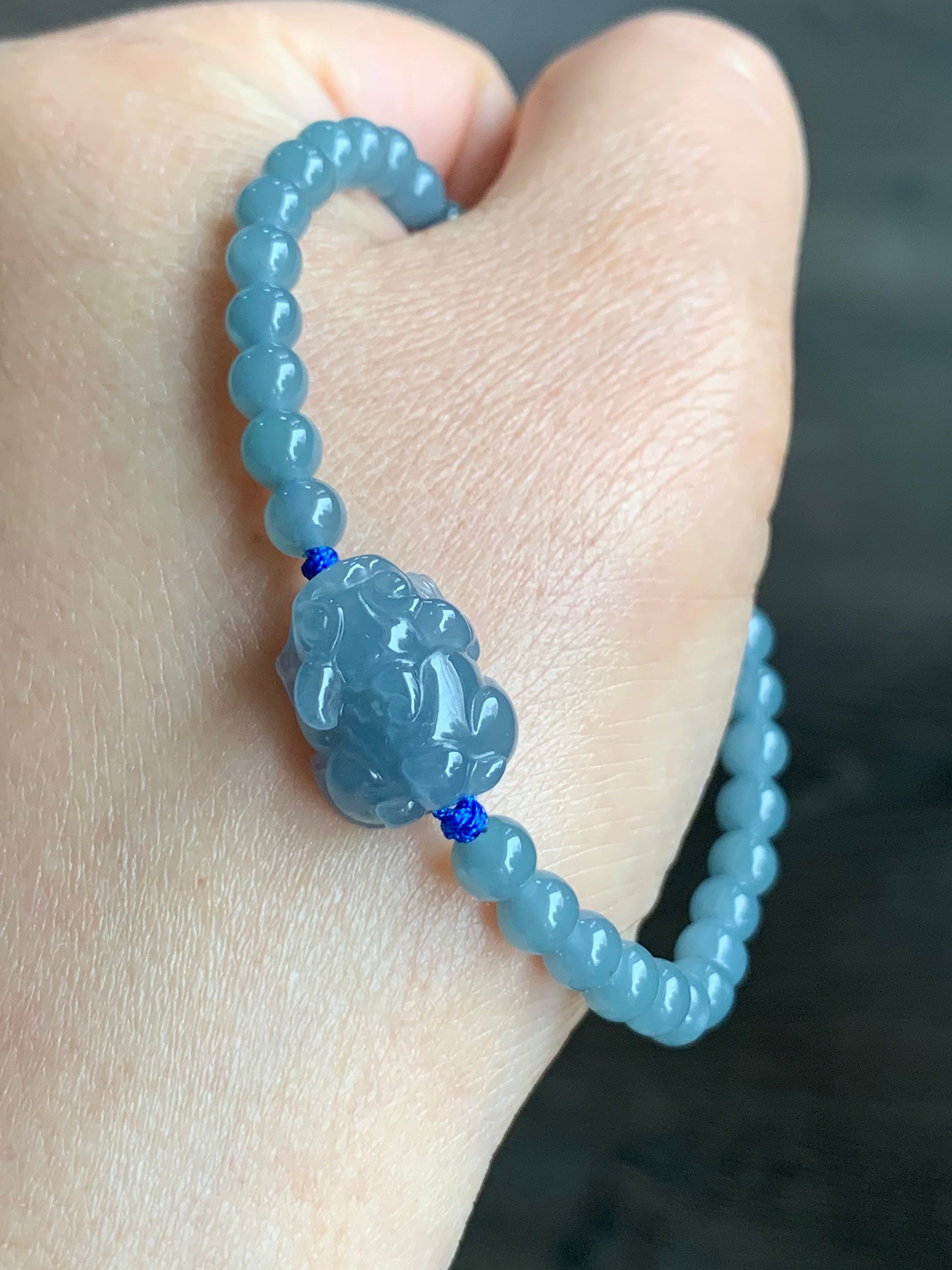 Natural Guatemalan Icy Translucent Gelatinous Light Blue Jadeite Pixiu Dusty Blue Beads Beaded Bracelet 5mm 6.75” 天然冰危蓝紫起冰起胶翡翠貔貅手串