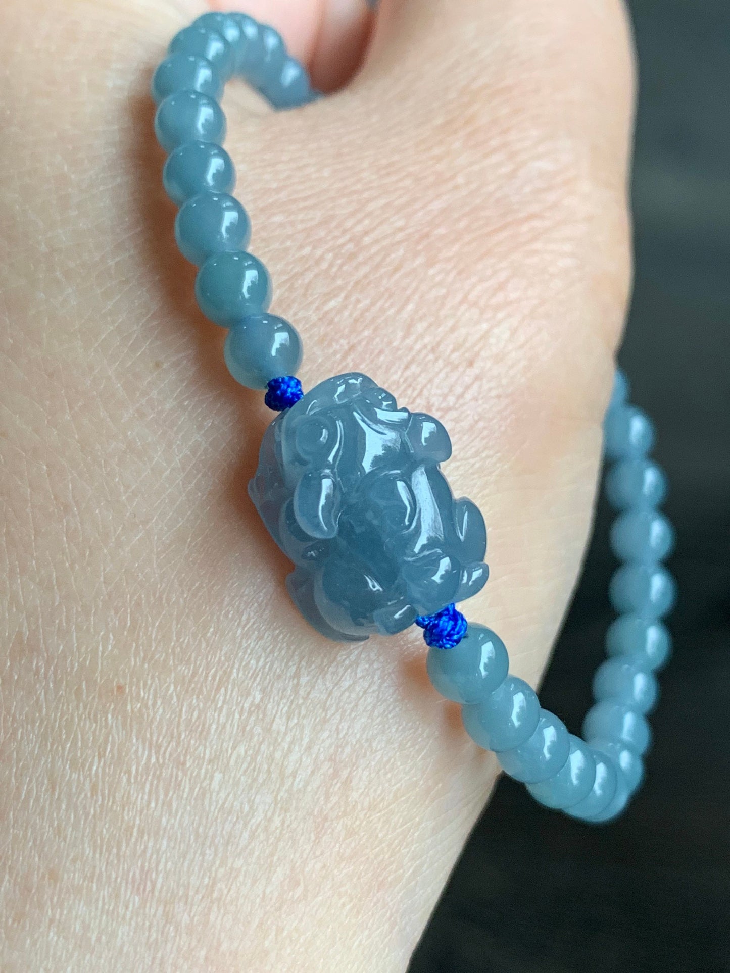 Natural Guatemalan Icy Translucent Gelatinous Light Blue Jadeite Pixiu Dusty Blue Beads Beaded Bracelet 5mm 6.75” 天然冰危蓝紫起冰起胶翡翠貔貅手串