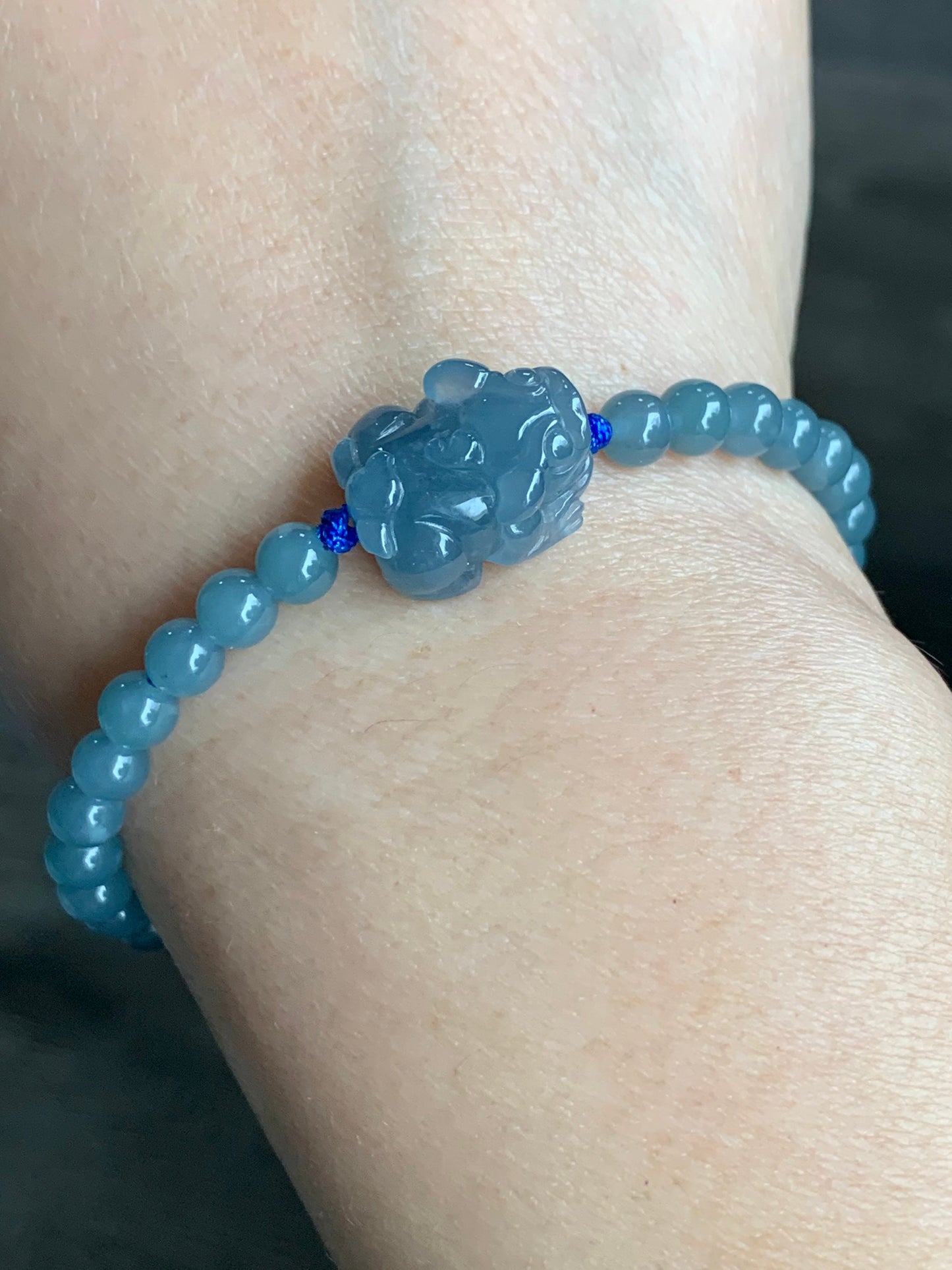 Natural Guatemalan Icy Translucent Gelatinous Light Blue Jadeite Pixiu Dusty Blue Beads Beaded Bracelet 5mm 6.75” 天然冰危蓝紫起冰起胶翡翠貔貅手串