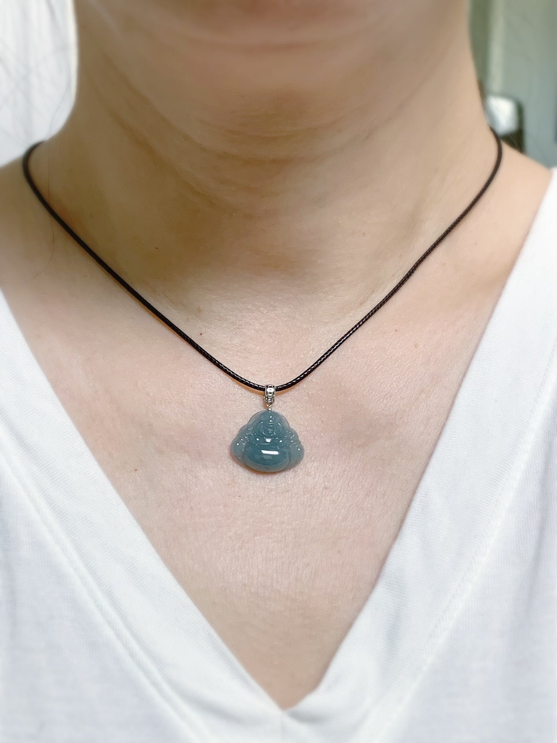 Natural Guatemalan Icy Translucent Dusty Blue Jadeite Buddha Pendant 18K White Gold Bail 天然危地马拉老种冰蓝翡翠佛公镶嵌吊坠