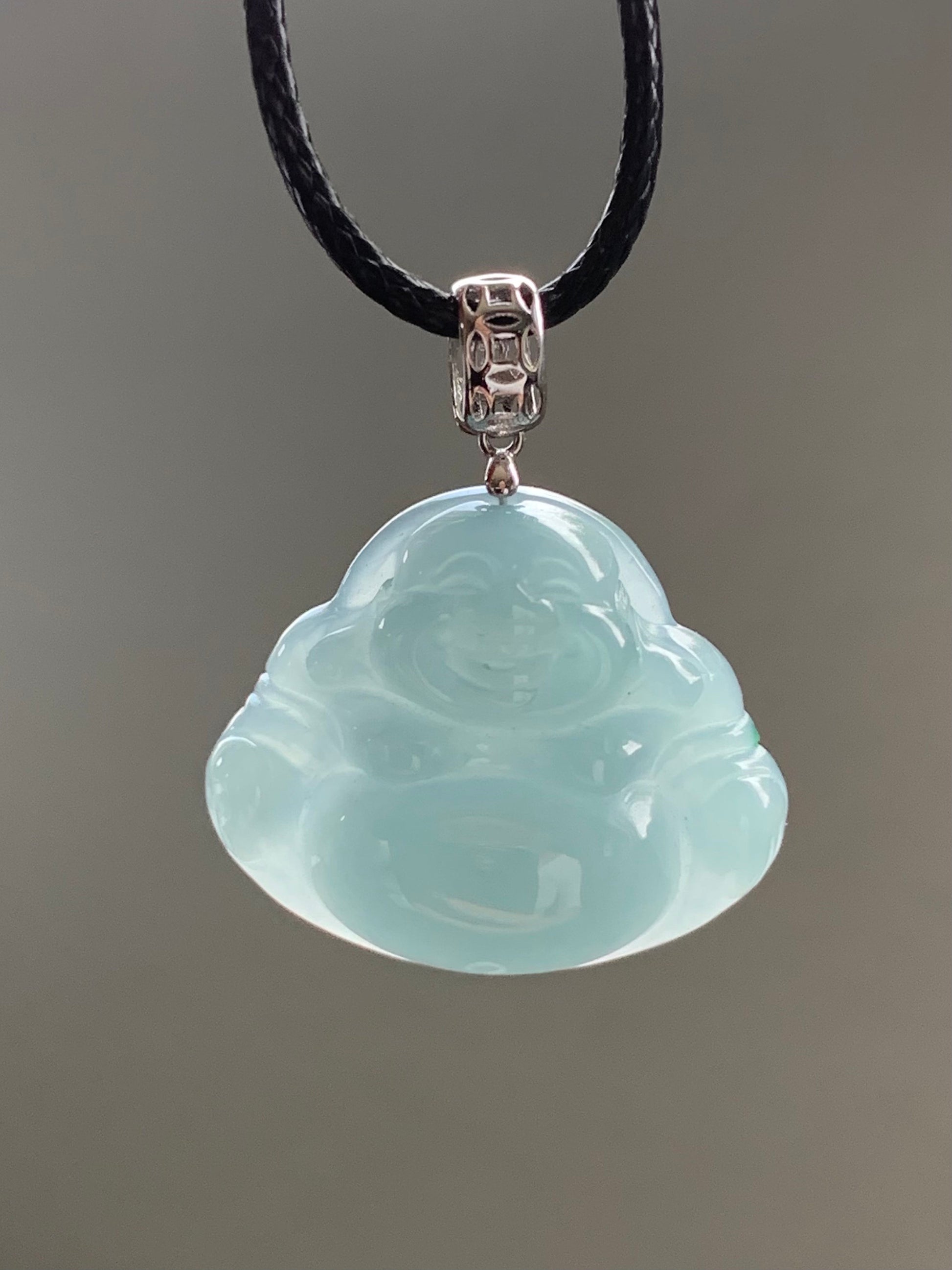 Natural Guatemalan Icy Translucent Dusty Blue Jadeite Buddha Pendant 18K White Gold Bail 天然危地马拉老种冰蓝翡翠佛公镶嵌吊坠