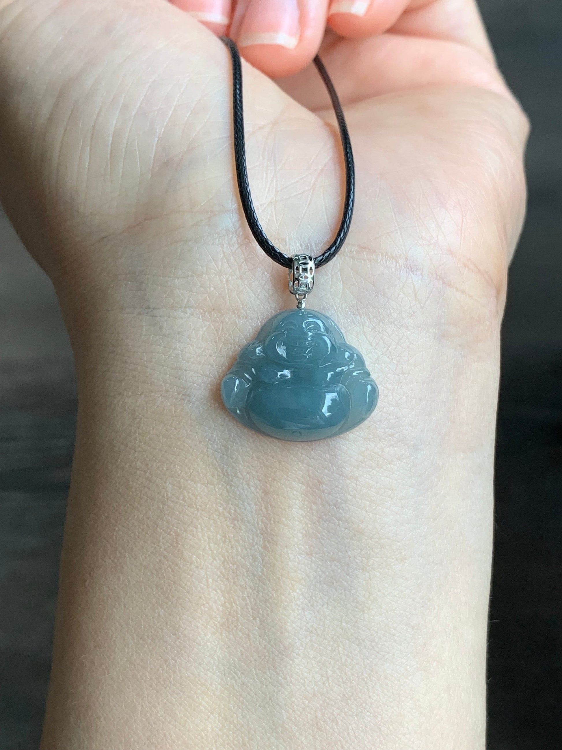 Natural Guatemalan Icy Translucent Dusty Blue Jadeite Buddha Pendant 18K White Gold Bail 天然危地马拉老种冰蓝翡翠佛公镶嵌吊坠