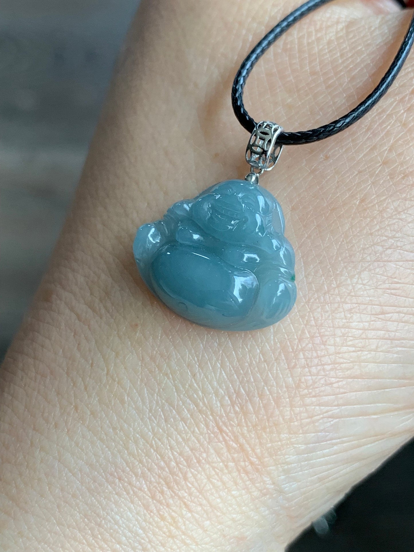 Natural Guatemalan Icy Translucent Dusty Blue Jadeite Buddha Pendant 18K White Gold Bail 天然危地马拉老种冰蓝翡翠佛公镶嵌吊坠