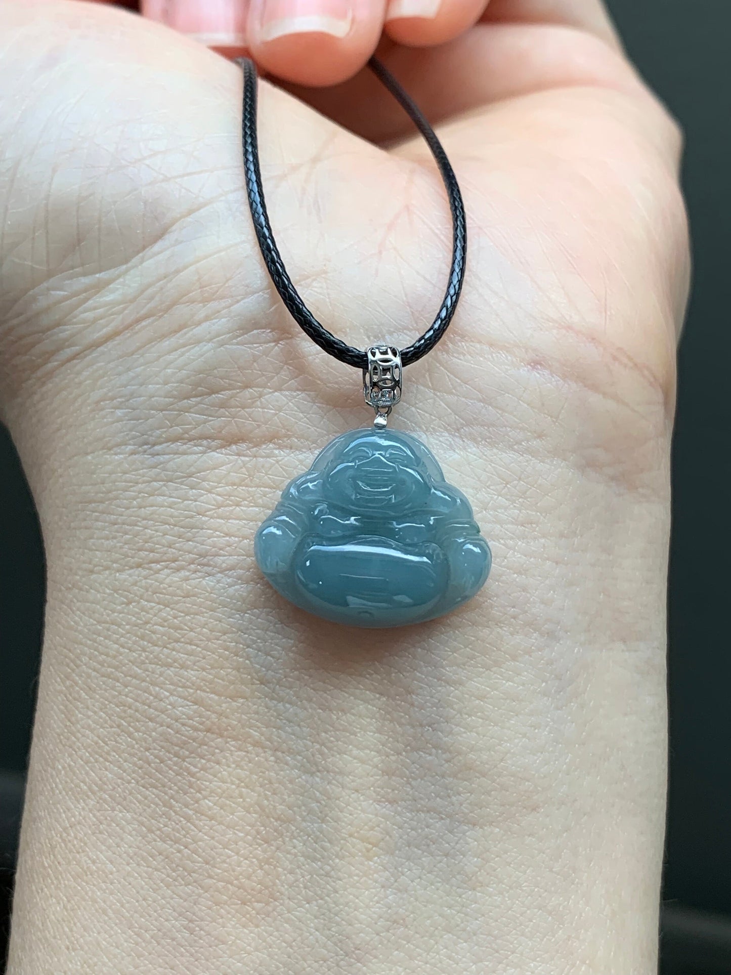 Natural Guatemalan Icy Translucent Dusty Blue Jadeite Buddha Pendant 18K White Gold Bail 天然危地马拉老种冰蓝翡翠佛公镶嵌吊坠