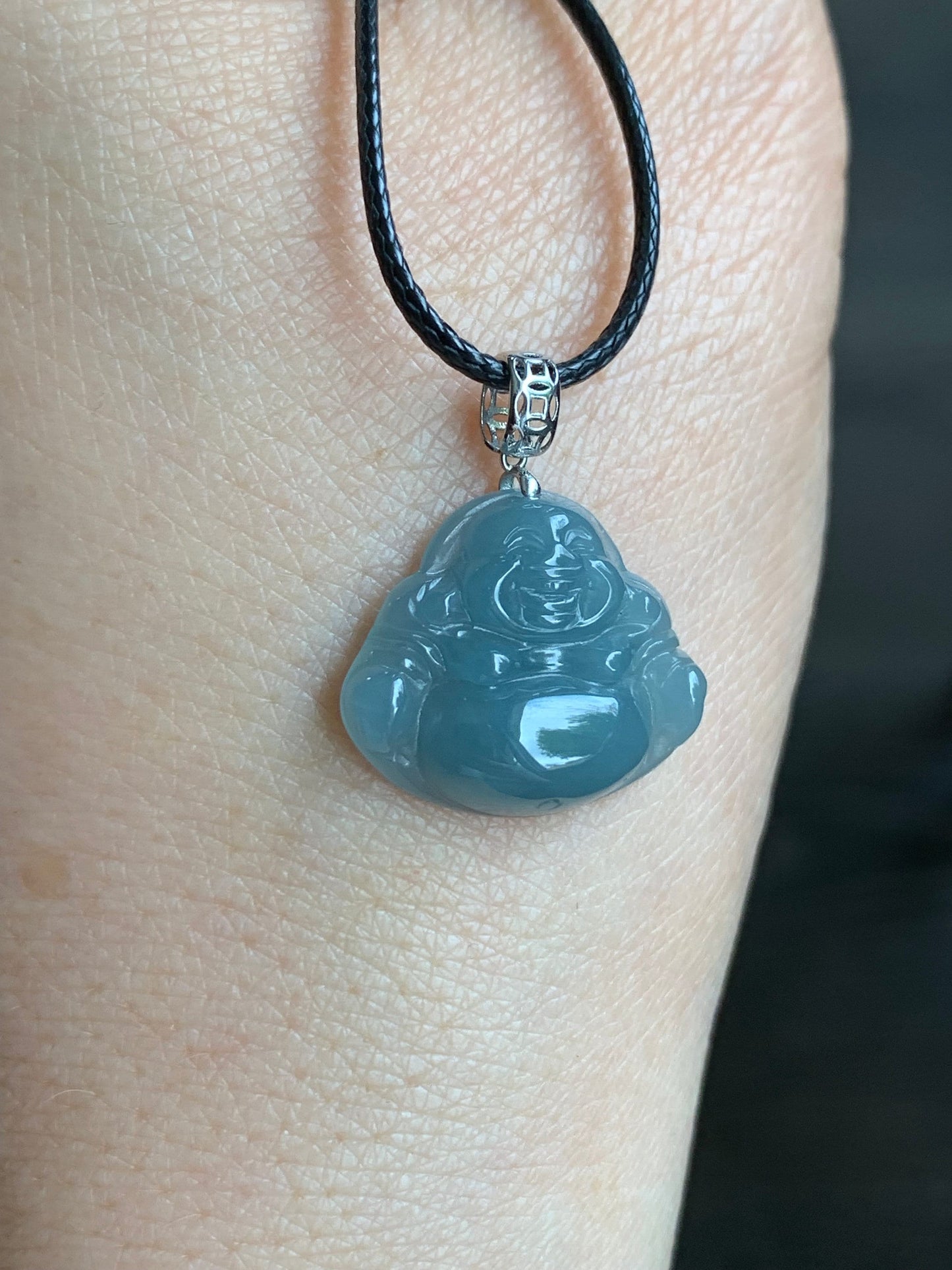 Natural Guatemalan Icy Translucent Dusty Blue Jadeite Buddha Pendant 18K White Gold Bail 天然危地马拉老种冰蓝翡翠佛公镶嵌吊坠