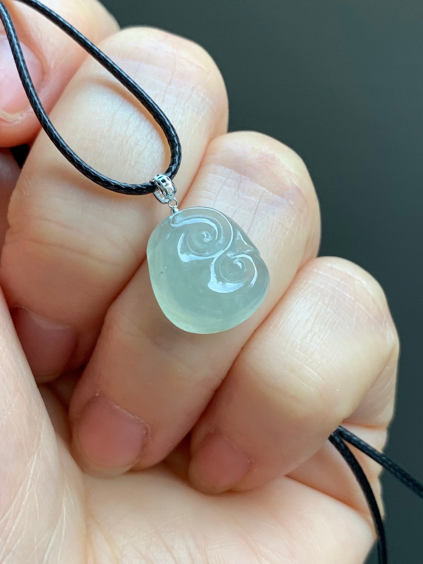 Natural Burmese Icy Highly Translucent Light Green Jadeite Ruyi Blessing Amulet Pendant 18K White Gold Bail 天然缅甸冰晴翡翠如意镶嵌吊坠