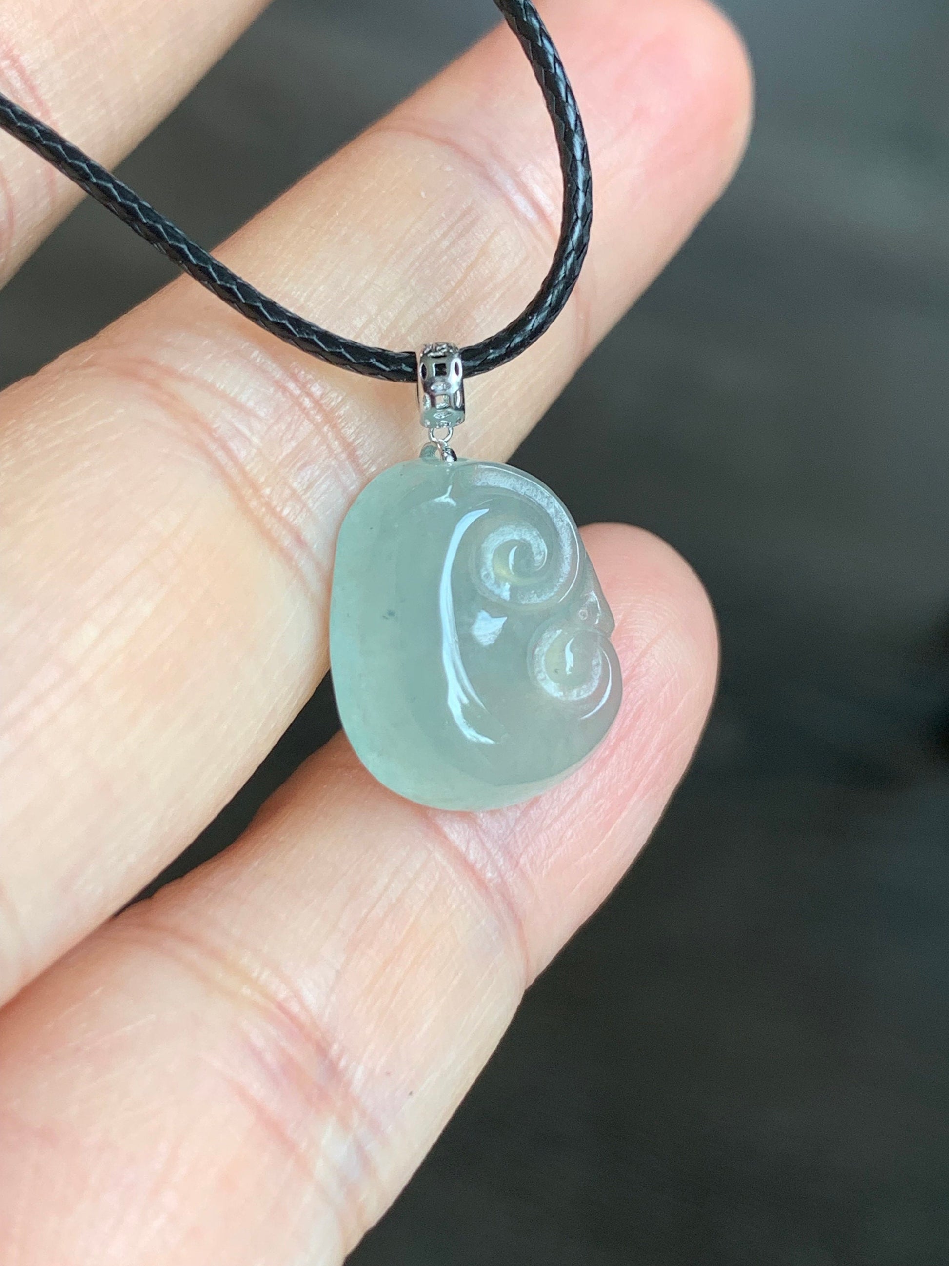 Natural Burmese Icy Highly Translucent Light Green Jadeite Ruyi Blessing Amulet Pendant 18K White Gold Bail 天然缅甸冰晴翡翠如意镶嵌吊坠