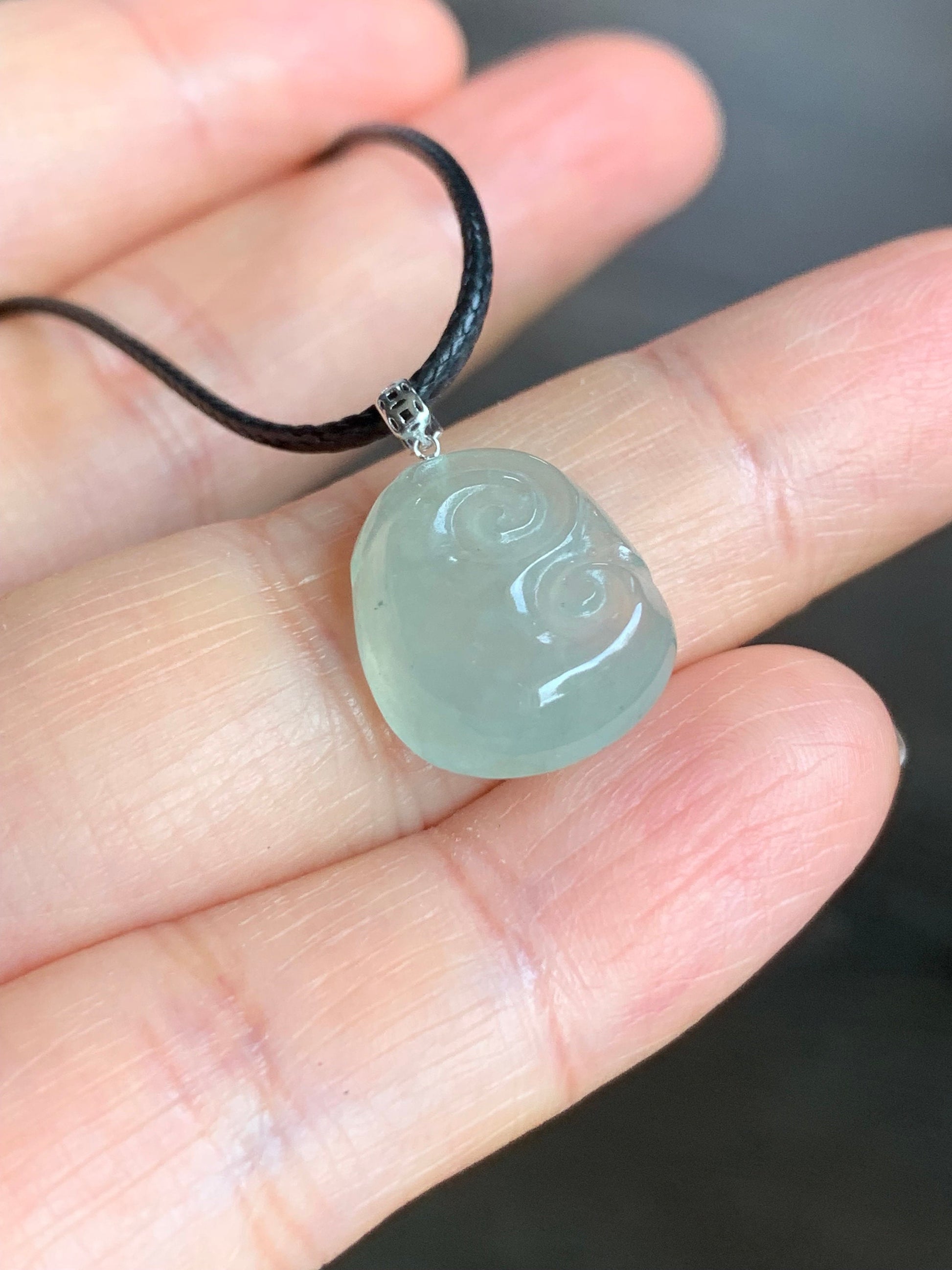 Natural Burmese Icy Highly Translucent Light Green Jadeite Ruyi Blessing Amulet Pendant 18K White Gold Bail 天然缅甸冰晴翡翠如意镶嵌吊坠