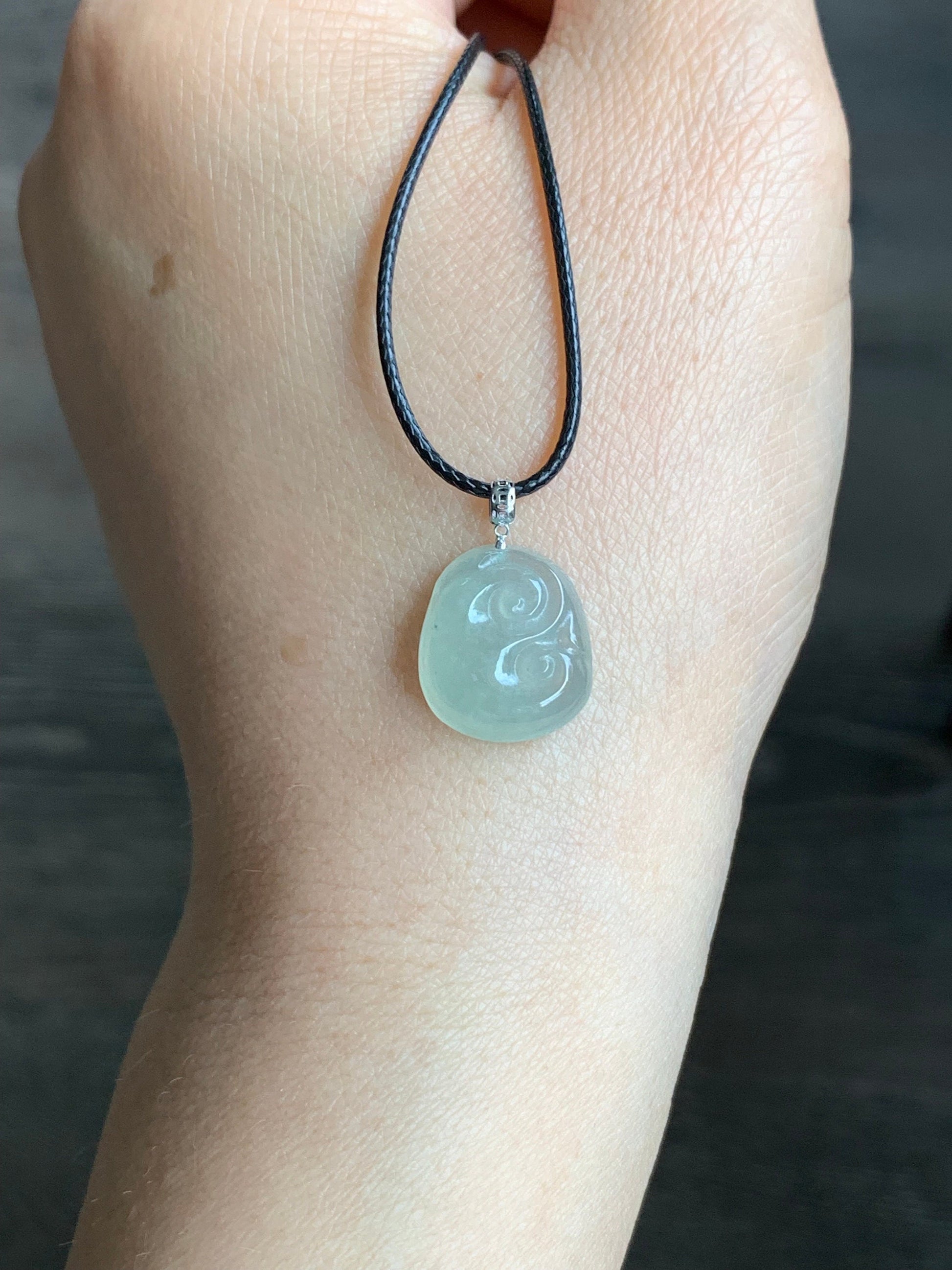 Natural Burmese Icy Highly Translucent Light Green Jadeite Ruyi Blessing Amulet Pendant 18K White Gold Bail 天然缅甸冰晴翡翠如意镶嵌吊坠